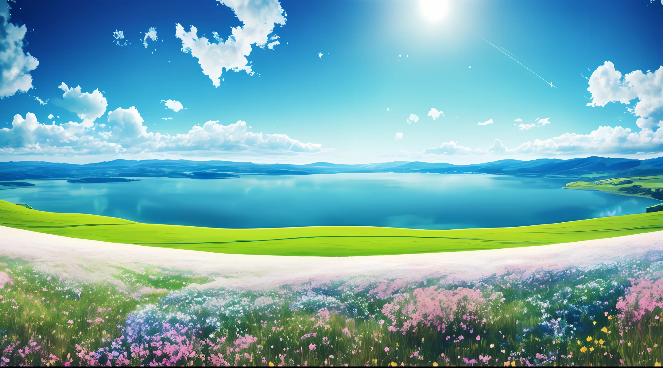 Spring, meadows, endless sea of flowers, crystal clear lakes, white unicorns, heaven, sea of clouds, blue sky, cool weather, HD detail, hyper-detail, cinematic, surrealism, soft light, deep field focus bokeh, distant vistas are churches, ray tracing and surrealism.