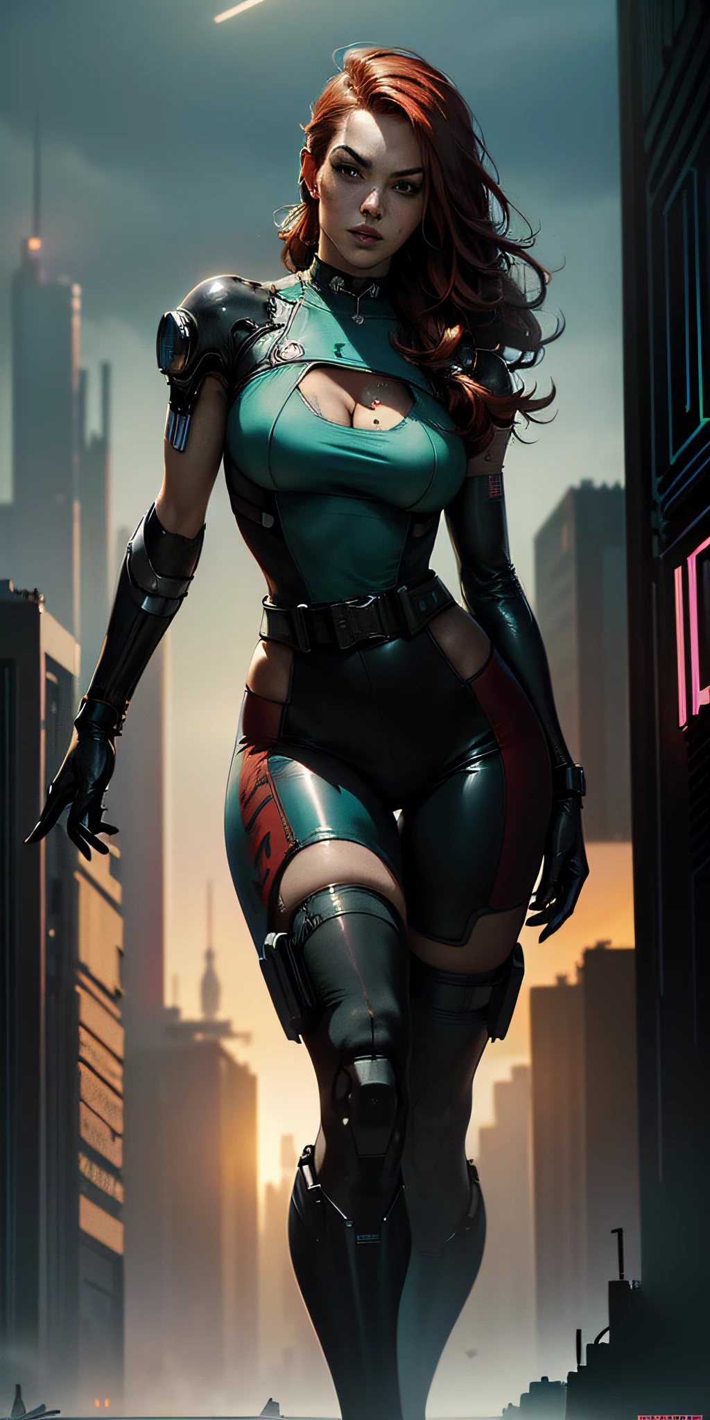(((A young woman with straight red hair long size up to the waist))) style Gil Elvgren, Artgerm, Jeehyung Lee (((Poster style)) (((robotic left arm with cyberpunk outfit))) (sky and clouds) ((cyberpunk left arm)) 1 girl, solo, long hair, fitness body, poster design, poster art style. 1980s, 1950s, 1960s, 1940s, basic color scheme, very colorful poster, colorful art, third rule, cyberpunk outfit, dynamic pose, woman, 1 20-year-old girl, hair blowing in the wind, looking at the viewer, blurred background, green eyes.