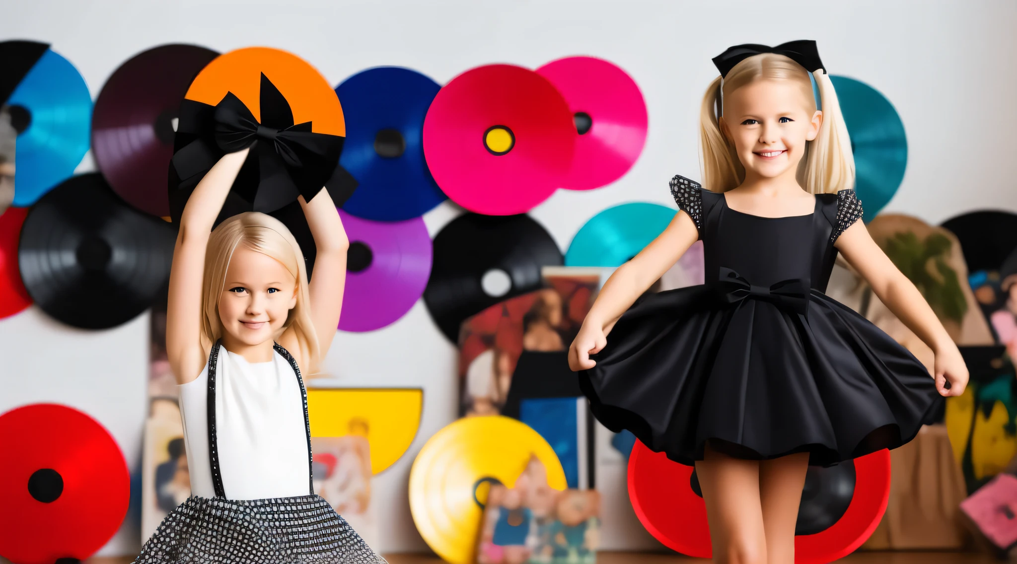 BLONDE CHILD girl 10 YEARS OLD, with a black bow and a black dress, There are many different colored vinyl records stacked on top of each other.