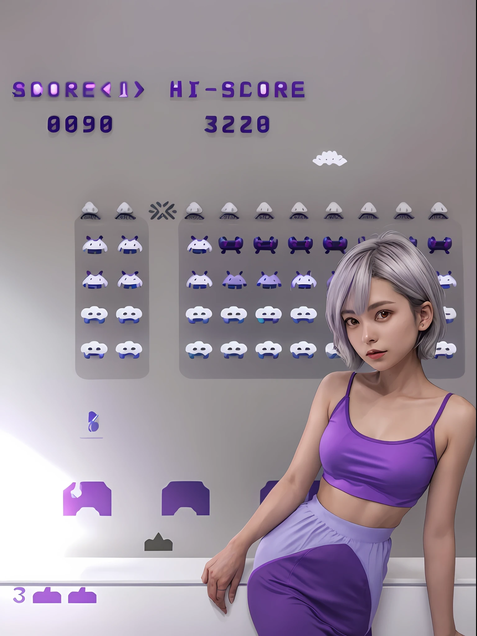 ace Invaders, game, arcade game, 80s, 1 japanese woman, silver short bob hair, purple, crop bolero shrugtop camisole