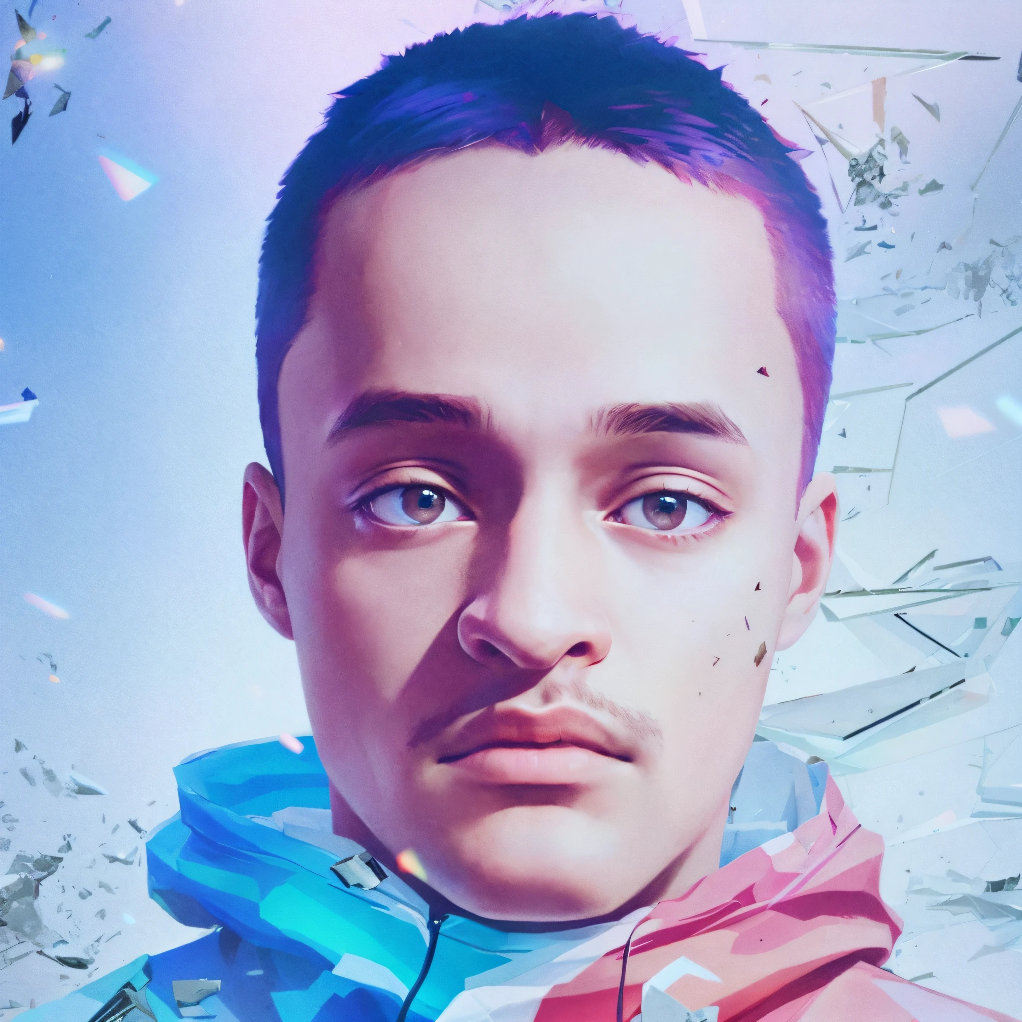(digital painting), (best quality),brazilian boy, black brunette, dark brown eyes, broken glass, zul and red sweatshirt, thin and thin mustache,20mp,fujifilm, ultra-realistic 8k,best quality, cyber punk, masterpiece, high detail, realistic, maximum resolution, av star, pastel color scheme, soft lighting, golden hour, quiet environment, landscape orientationthere is a digital painting of a boy with a broken glass, official art, nft portrait, , vibrant fan art, anton fedeev, high quality portrait,the, official art, colorful album art, fan art, colorful portrait, headquarters art, official illustration, digital illustration, official fanart