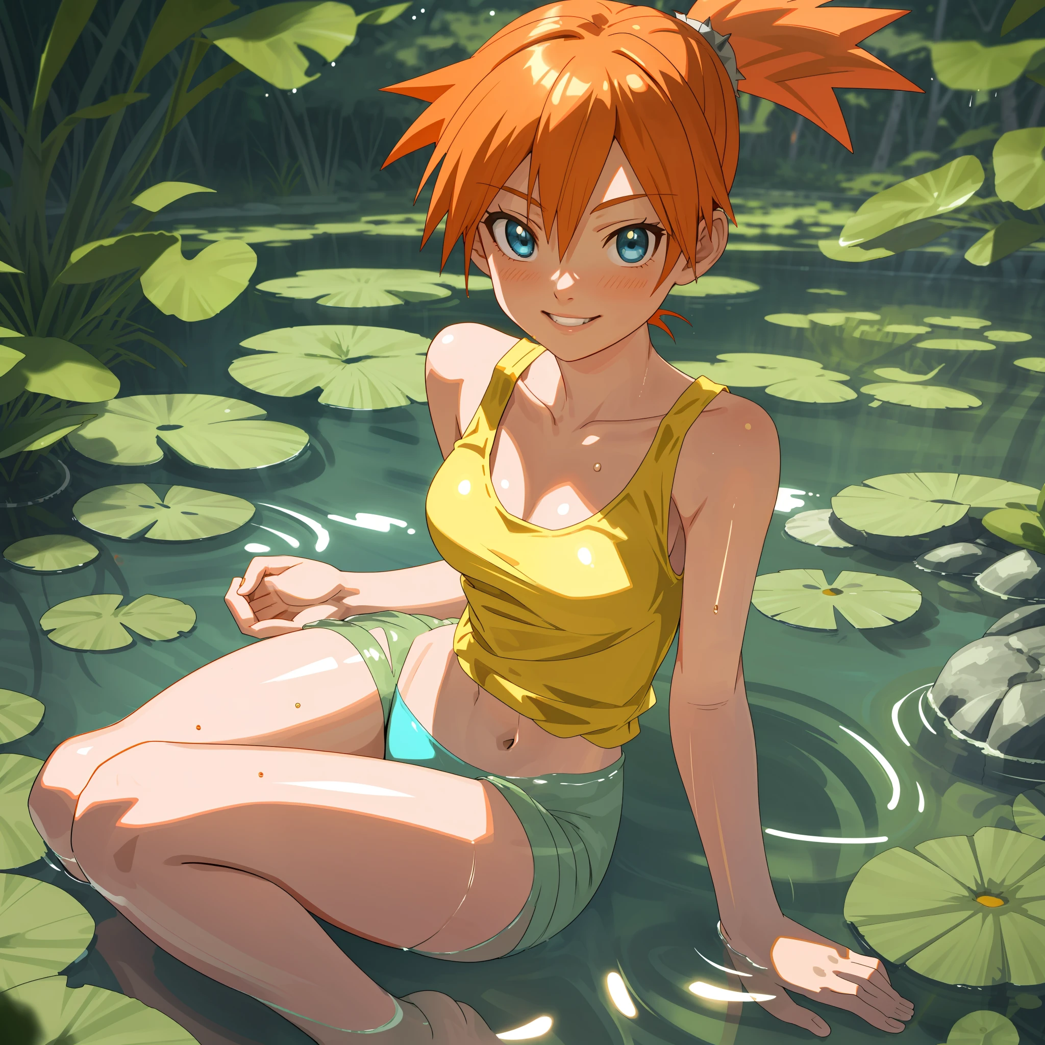 [Misty_(Pokemon)], ((High definition)), ((detailed shading)), ((beautiful solo portrait)), ((full body)), ((raw photo)), ((semi-realistic)), ((anime girl)), ((beautiful 3D art)), {attractive; (wet orange hair; spiky ponytail), (beautiful blue eyes), (happy smirk; white teeth), wet yellow tank top, blue panties, curvaceous hips, beautiful lips, soaked, open legs}, (in water; hands on thighs), [background; forest, beautiful pond, sunny]