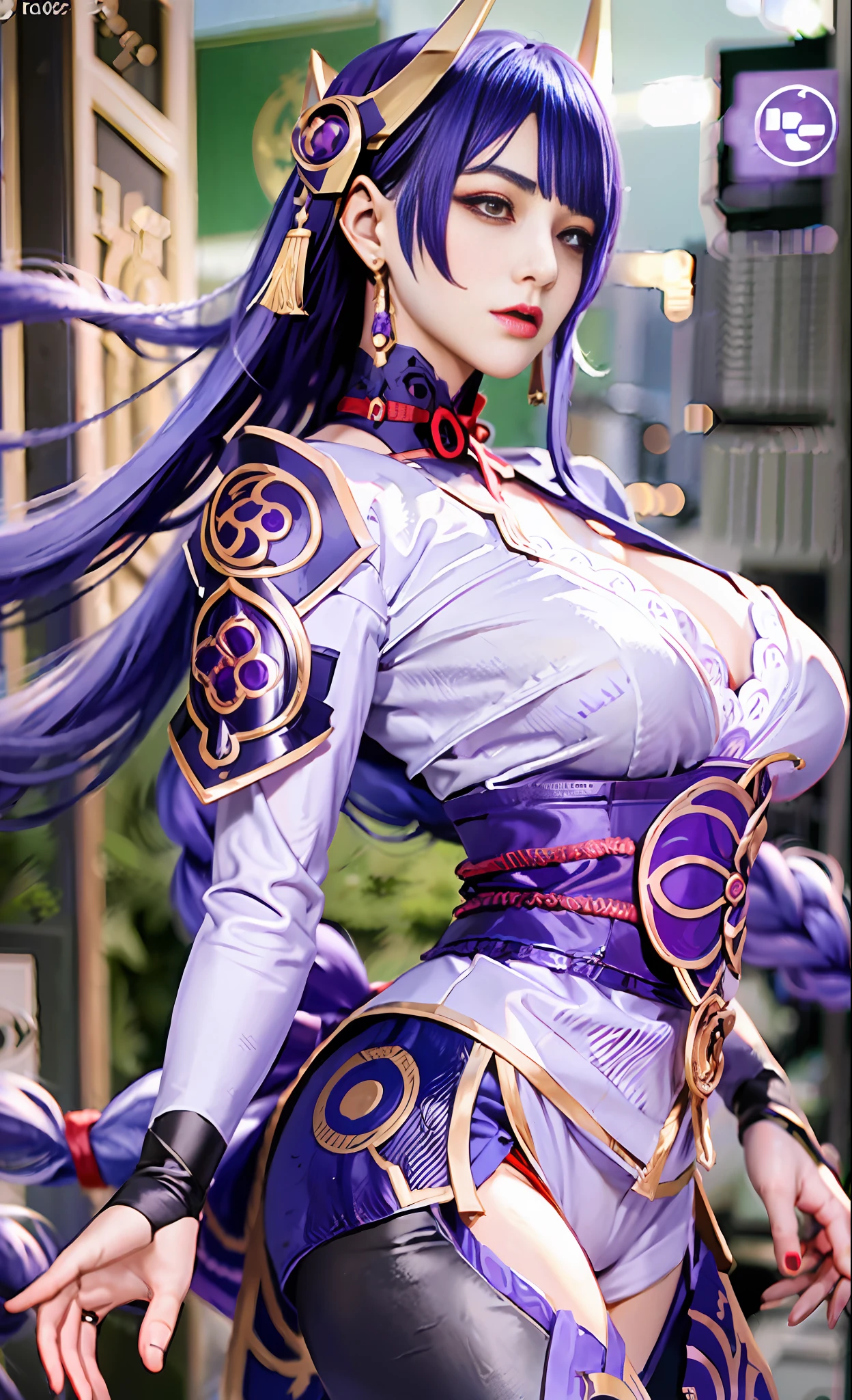 Unreal Engine 5 Realistic Render, RaidenShogun, detailed clothes, white clothes, blunt bangs, braid, (huge breasts:1.1), cleavage, wide-sleeved kimono, hair ornament, white japanese clothes, (red obi:1.4), (purple hair:1.4), very long hair, straight hair, detailed face, cool face, (smooth chin:0.85), closed mouth, long eyelashes, sharp eyes, looking at viewer, beautiful eyes, detailed eyes, thick eyebrows, red eyeshadow, symmetry eyes, (ulzzang-6500:0.7), skirt, (from below:1.1), (cyberpunk city:1.4), from side, (rooftop:1.5), (star \(sky\):1.3), photon mapping, physically-based rendering, RAW photo, highly detailed background, high res, perspective, beautiful face, top body is hyper realistic thicc muscle and hyper largest_breasts!! with the type of boobs_melons, lower is huge buttocks, wet shiny body