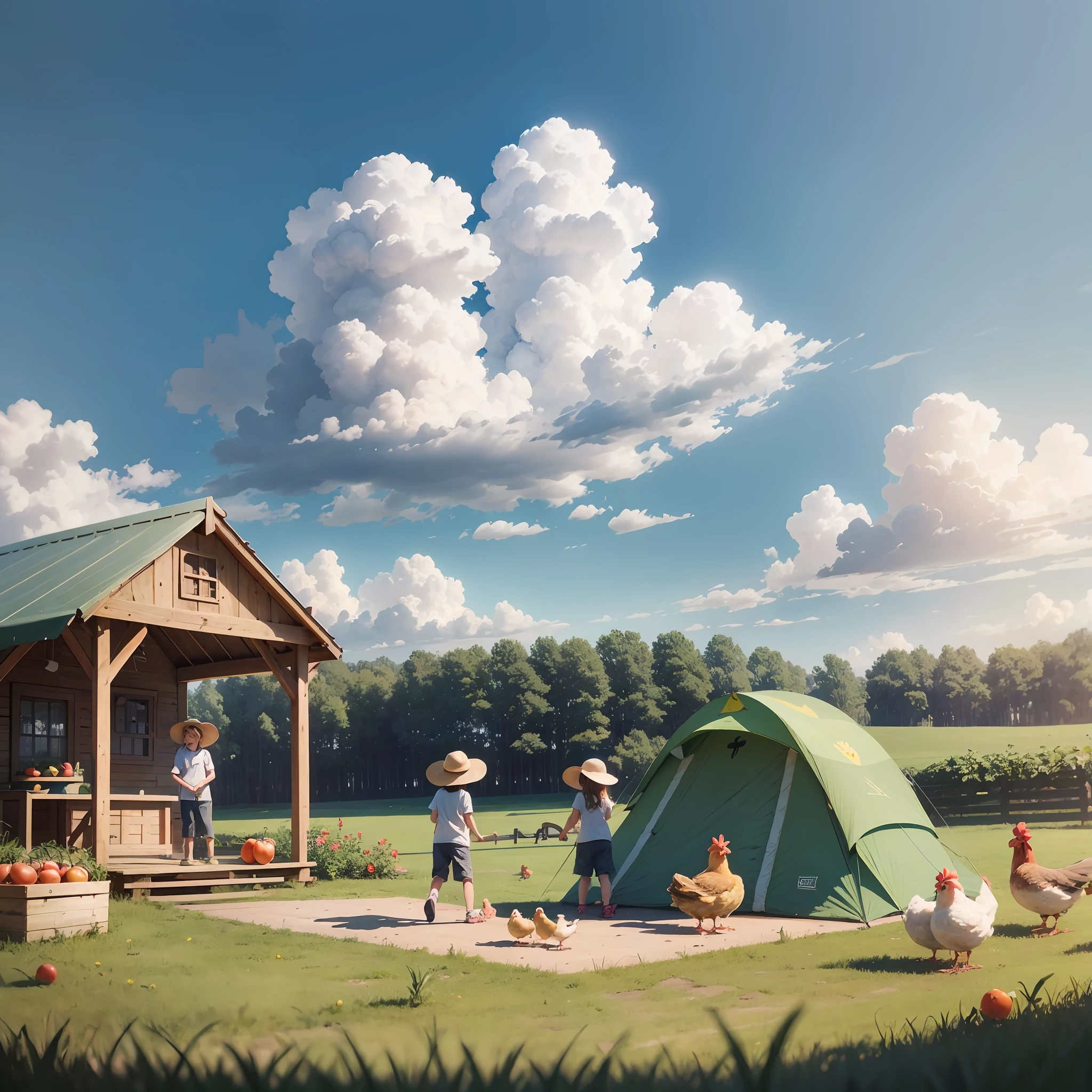 Tomato picking, club, pastoral, nature, farm, family, kids, campsite, wide angle, big scene, blue sky, white clouds, camping cabin, seesaw, play equipment, piglet, chicken, duckling, natural lighting, octane rendering, art station trend, intricate details --auto --s2