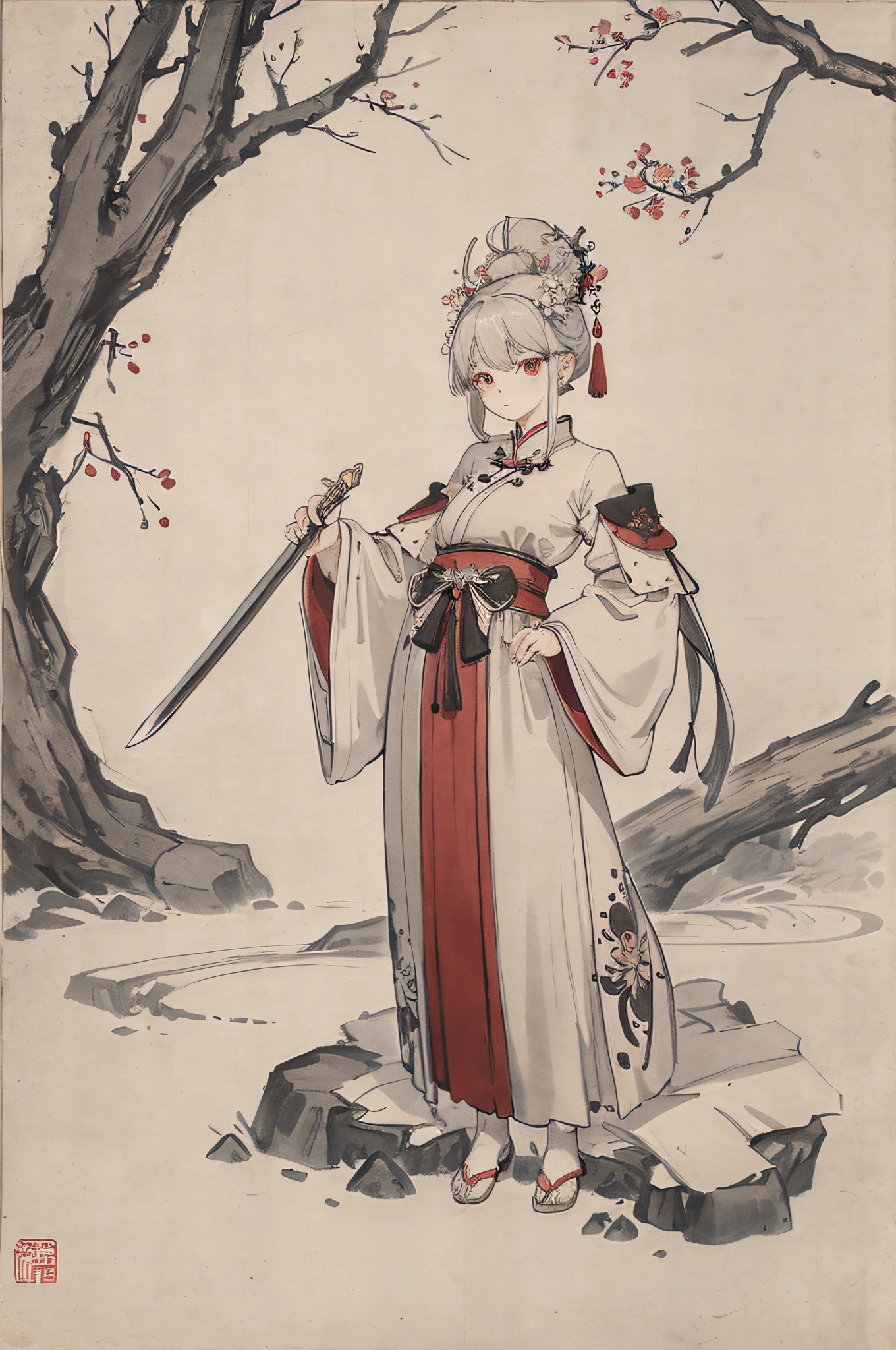 (Wonderful masterpiece, excellent picture quality: 1.3, delicate Chinese Ink painting style: 1.2), light gauze robe, woman holding sword, plum blossom ancient bridge, no cumbersome details, the picture is simple and subtle, and the beauty flows naturally. Gray hair Red eyes