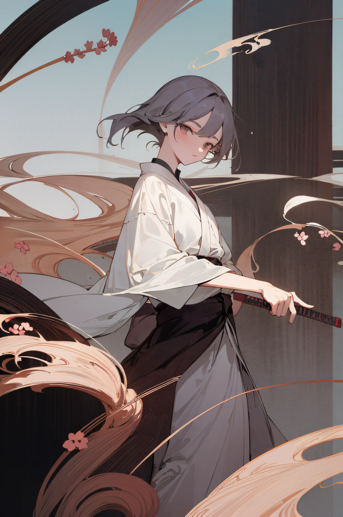 (Wonderful masterpiece, excellent picture quality: 1.3, delicate Chinese Ink painting style: 1.2), light gauze robe, woman holding sword, plum blossom ancient bridge, no cumbersome details, the picture is simple and subtle, and the beauty flows naturally.