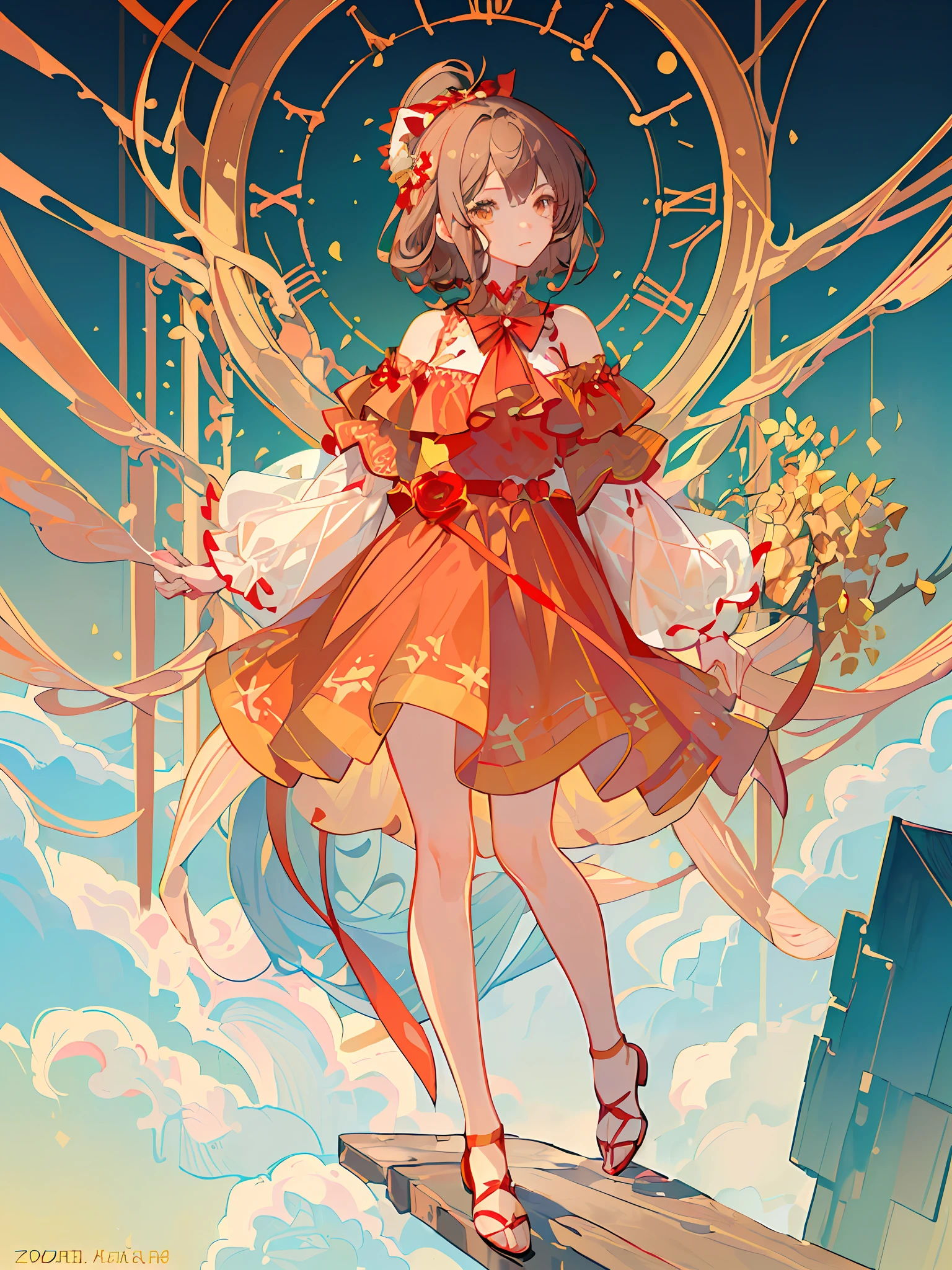 (((masterpiece))), (((best quality))), ((ultra-detailed)), (highly detailed CG illustration), ((an extremely delicate and beautiful)),solo,full body,(,anime girl with  big red bow on head talking on a golden telephone, brown curly hair,short hair, put on red dress,basic backgroud,yellow background