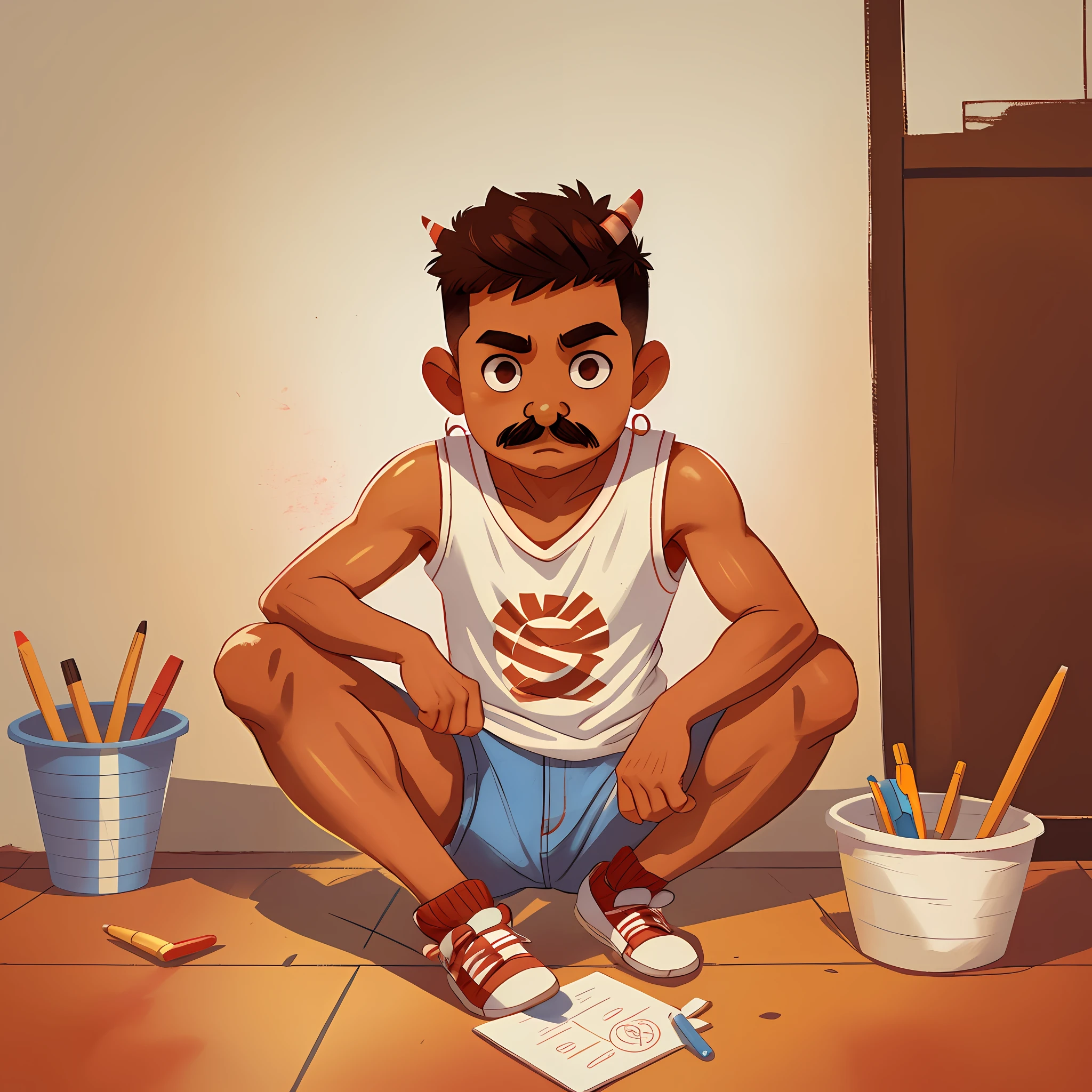 A brown-skinned Latino boy, short, shaved hair on the sides, small hoop earrings, wearing a mustache, white tank top and jean shorts, white socks with red stripes and black sneakers. Holding colored pencil and brush, several sheets of paper drawn on the floor. A cute little red monster with horns in the background