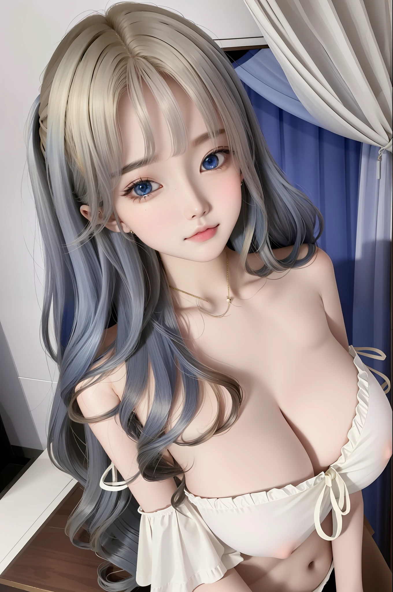 half body shot, ((masterpiece)), ((ultra-detailed)), pixiv, best shadows, best lighting, best quality, cinematic shot, 1girl, solo, bangs, portrait, long hair, curtain bangs, parted lips, juicy lips, pouty lips, blond hair, wavy hair, looking at viewer, indigo blue eyes, large breasts, white blouse, off-shoulder blouse, bare shoulders, huge tits, sexy boobs, exposed boobs, pink, pink areolas, aroused, innocent, blushing face, pale skin, chromatic aberration, simple background