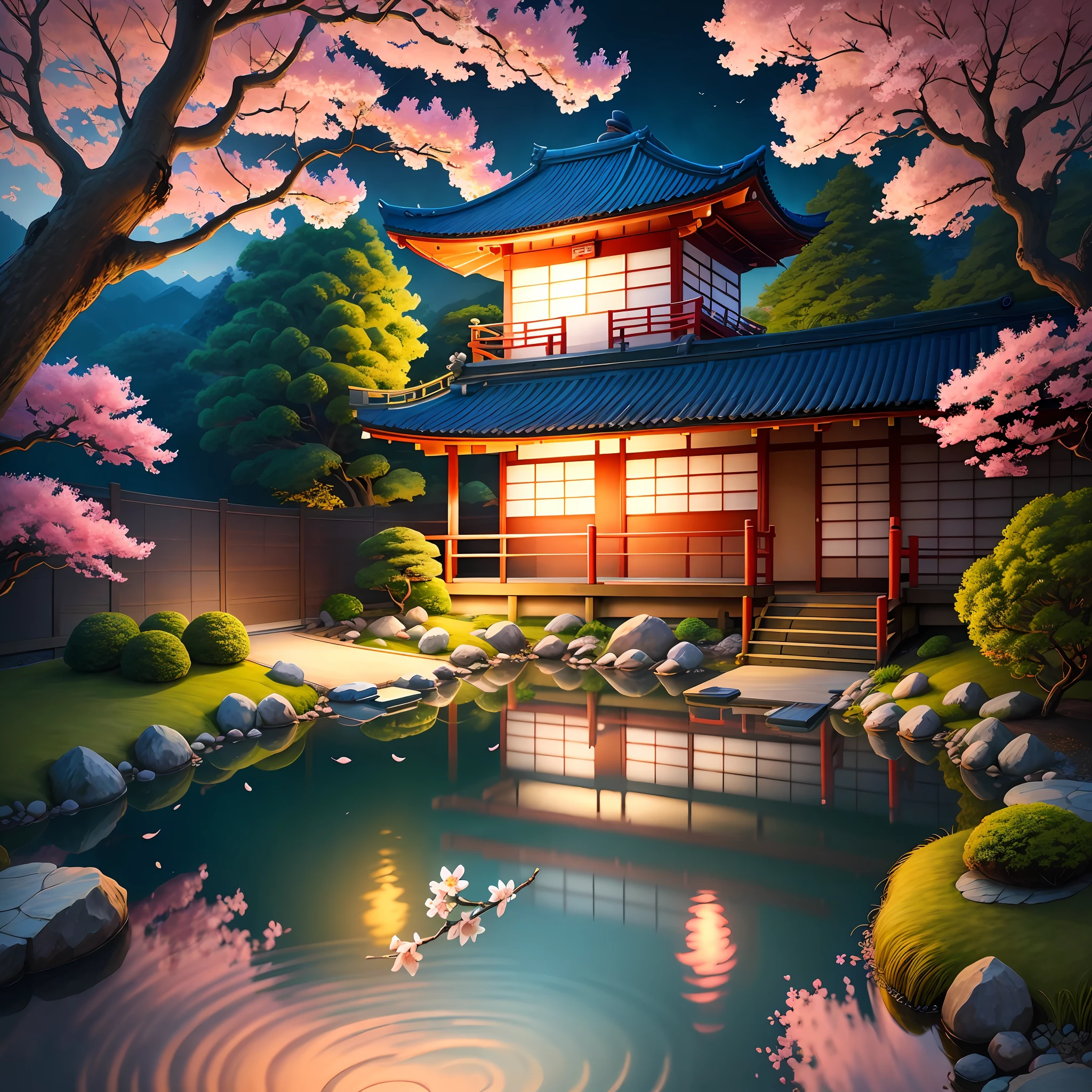(digital painting),(best quality), serene Japanese garden, cherry blossoms in full bloom, koi pond, footbridge, pagoda, Ukiyo-e art style, Hokusai inspiration, Deviant Art popular, 8k ultra-realistic, pastel color scheme, soft lighting, golden hour, tranquil atmosphere, landscape orientation
