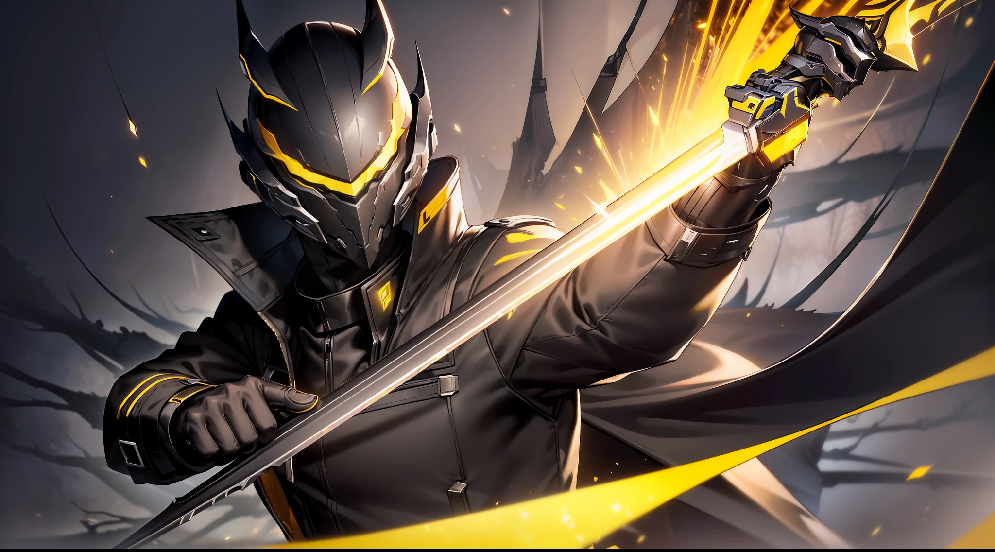 masterpiece, best quality, badass anime, high quality, human, mature handsome male, (((solo))), (male focus), ((mature)), ((black)) short hair, hair between eyes, slim, ((yellow pupils)), glowing pupils, detailed eyes, front view, (clothing, (topwear: (black modern coat, black t-shirt, black warframe helmet), bottomwear:(pants: black)), detailed clothing, coat collar, coat fluttering, tall, (serious expression), (((burnt forest))), (detailed background), ((clothing covered with yellow glowing elements)), holding a gold sword