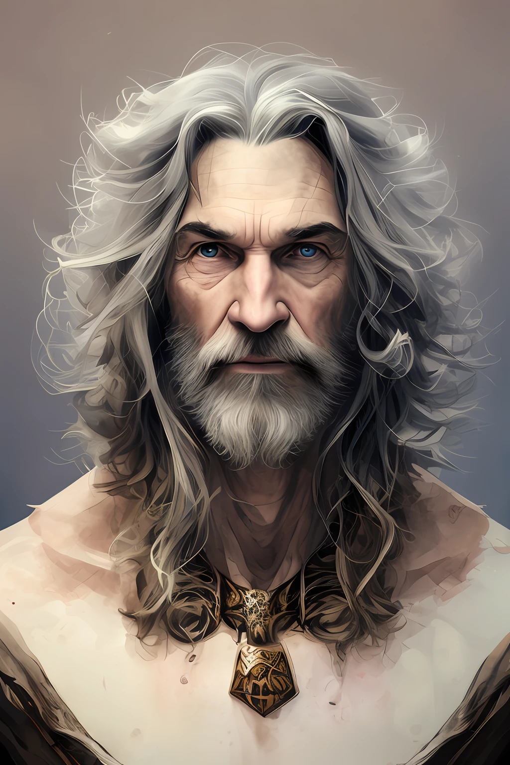 Male, elderly, long white beard, white hair, wrinkled face