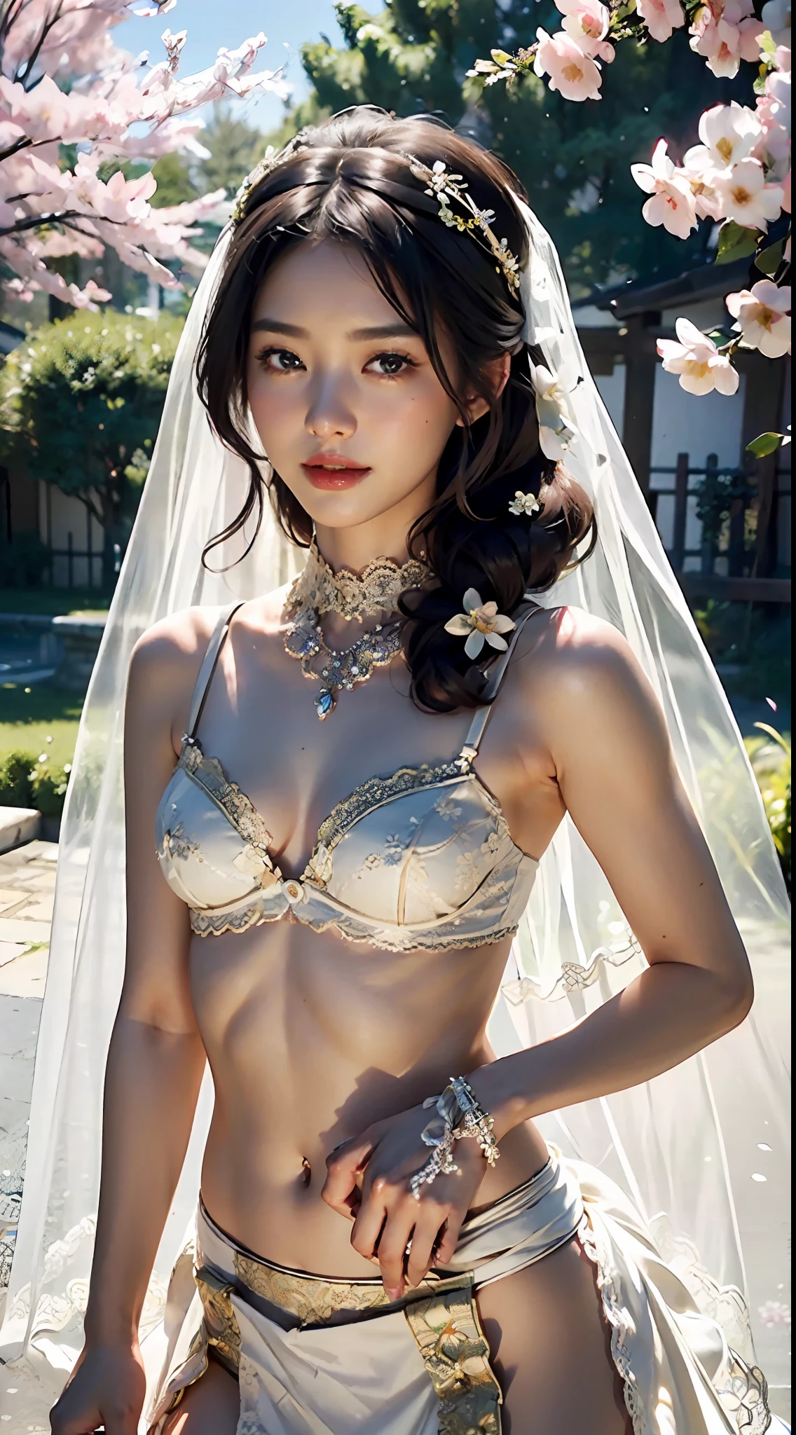 masterpiece, (photorealistic:1.4), best quality, beautiful lighting, cherry-blossoms, outdoors, upper body, 1 girl, asian female, 24-year-old, natural beautiful female, slender woman, ((small breasts)). bride of flower, blushing face, smiling, ((chignon black hair)), gold eyes, detailed, intricate, RAW photo, 8k uhd, film grain, (((extremely detailed flower lace brassiere, low-rise loincloth, flower wedding veil))), extremely detailed gorgeous flower tiara, gorgeous flower necklace