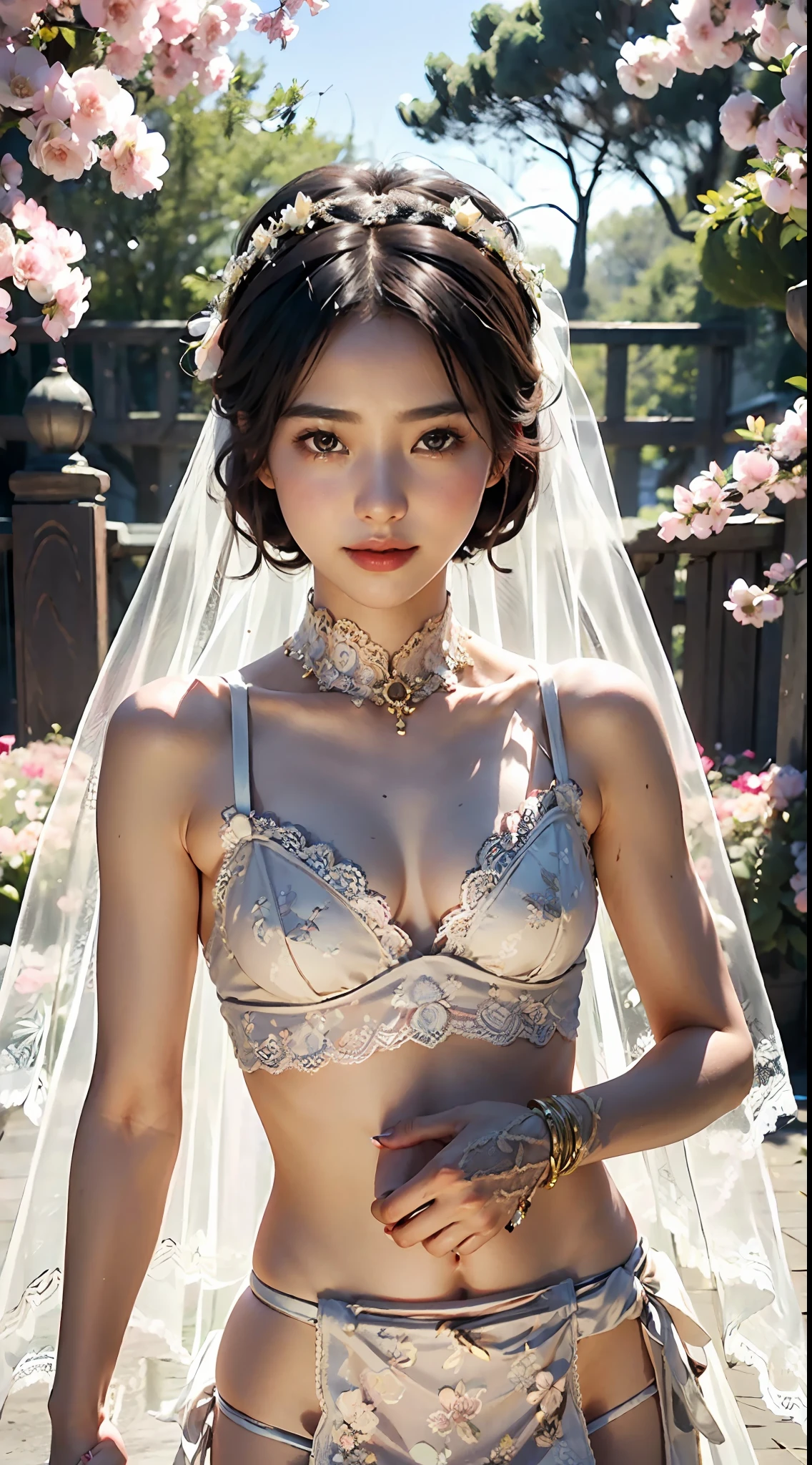 masterpiece, (photorealistic:1.4), best quality, beautiful lighting, cherry-blossoms, outdoors, upper body, 1 girl, asian female, 24-year-old, natural beautiful female, slender woman, ((small breasts)). bride of flower, blushing face, smiling, ((chignon black hair)), gold eyes, detailed, intricate, RAW photo, 8k uhd, film grain, (((extremely detailed flower lace brassiere, low-rise loincloth, flower wedding veil))), extremely detailed gorgeous flower tiara, gorgeous flower necklace