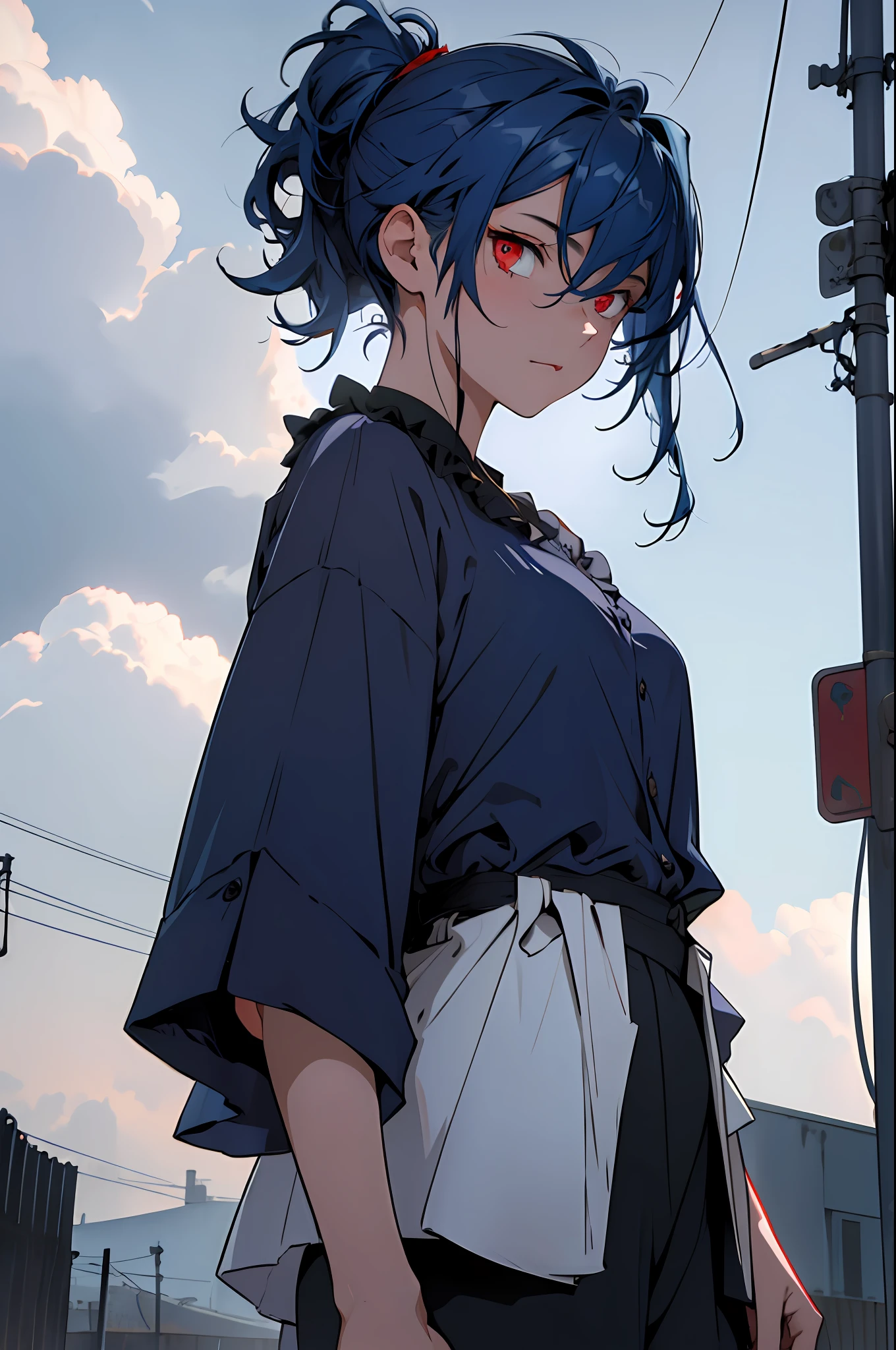 (((1girl))), ((((solo)))), ((messy hairstyle)), standing taking a picture, (((dark blue hair)), red eyes, soft blouse, overcast sky