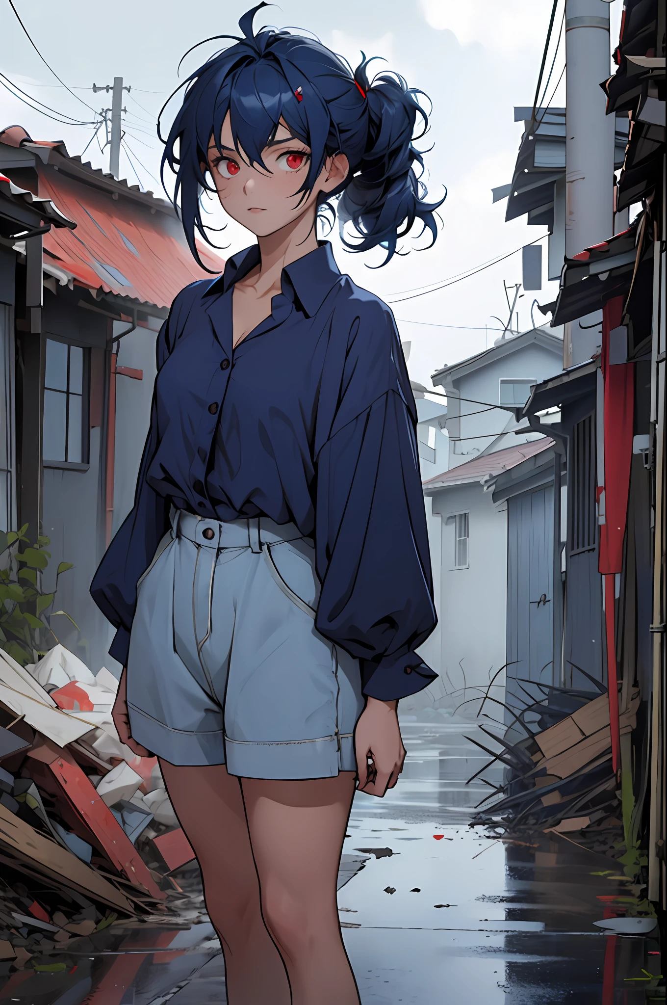 (((1girl))), ((((solo)))), ((messy hairstyle)), standing taking a picture, (((dark blue hair)), red eyes, soft blouse, overcast sky