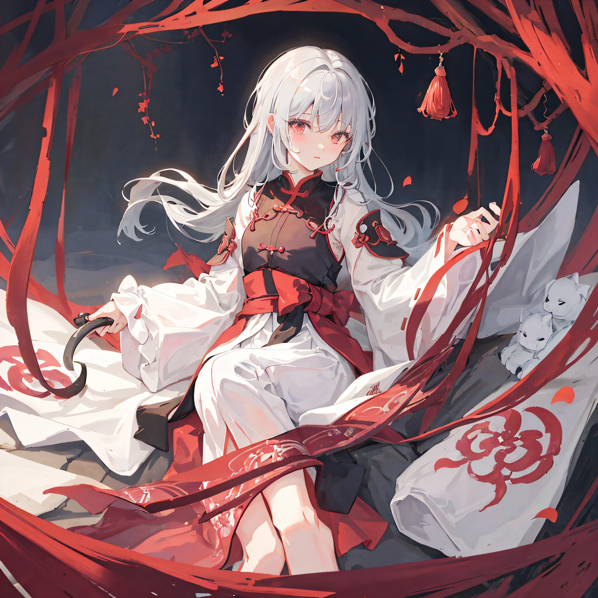 (Wonderful masterpiece, excellent picture quality: 1.3, delicate Chinese Ink painting style: 1.2), light gauze robe, woman holding sword, plum blossom ancient bridge, no cumbersome details, the picture is simple and subtle, and the beauty flows naturally.  Gray hair Red eyes