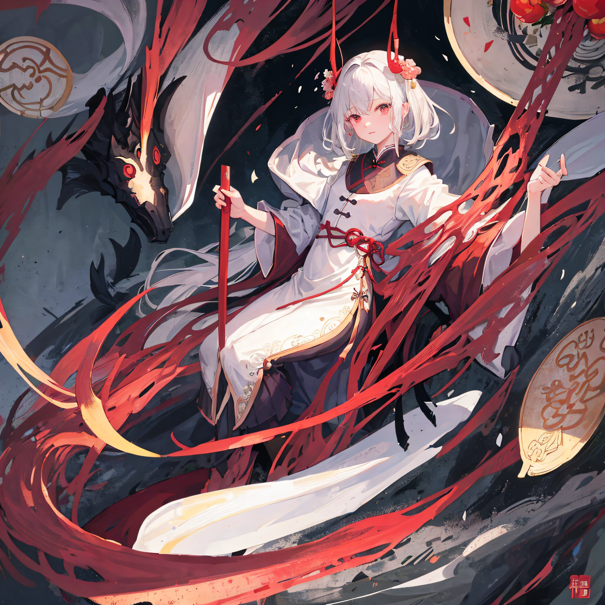 (Wonderful masterpiece, excellent picture quality: 1.3, delicate Chinese Ink painting style: 1.2), light gauze robe, woman holding sword, plum blossom ancient bridge, no cumbersome details, the picture is simple and subtle, and the beauty flows naturally. Gray hair Red eyes