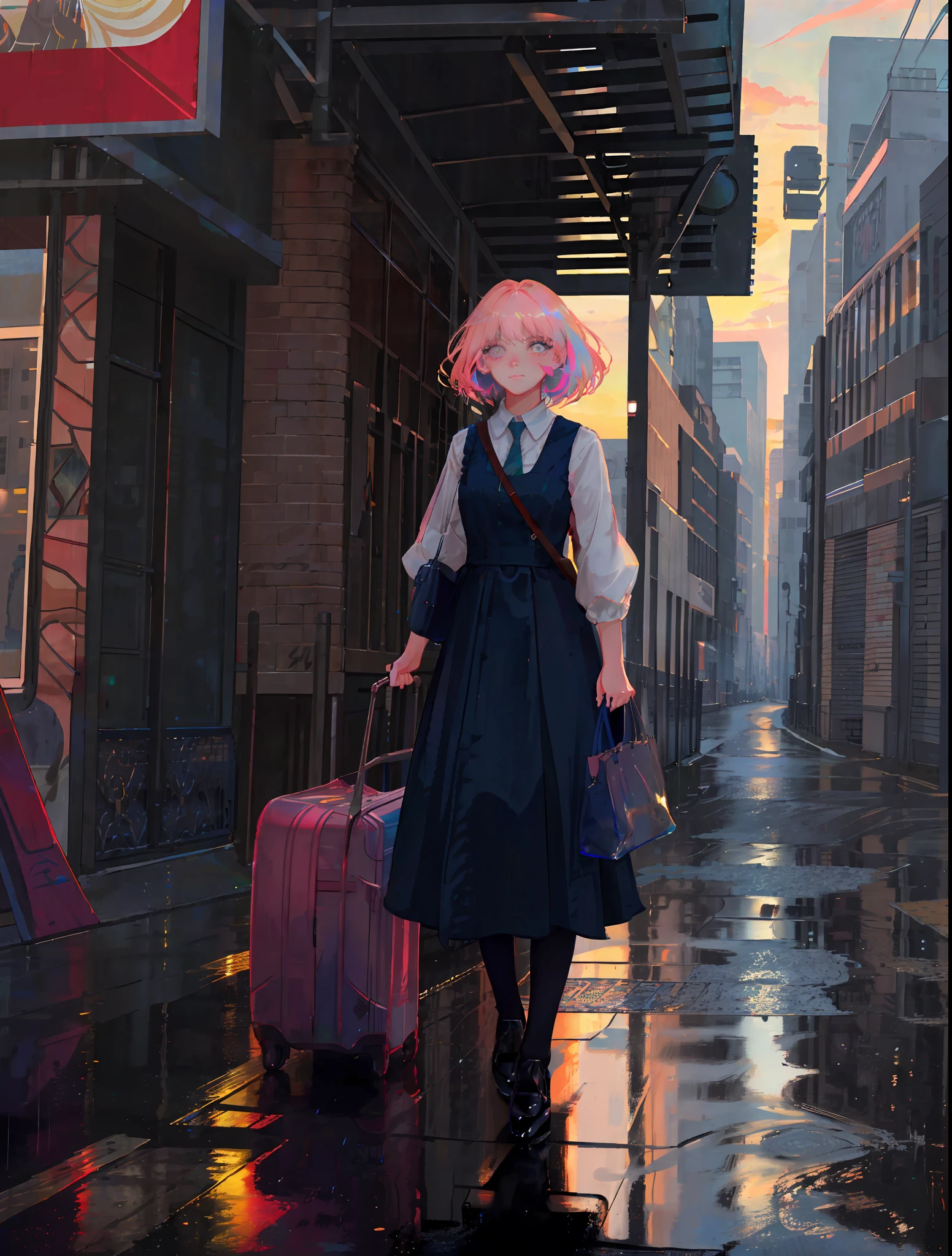 masterpiece, best quality, masterpiece, godlike quality, godlike art, highly detailed face, highly realistic, closeup, face only, cute, young girl, big eyes,short hair, long eyelashes, random hair color, bright eyes, makeup, random skincolor, rain, wet ground, reflective ground, big city street, blushing, dawn, rising sun, random skycolor, random suncolor, random light color, dawn lighting,