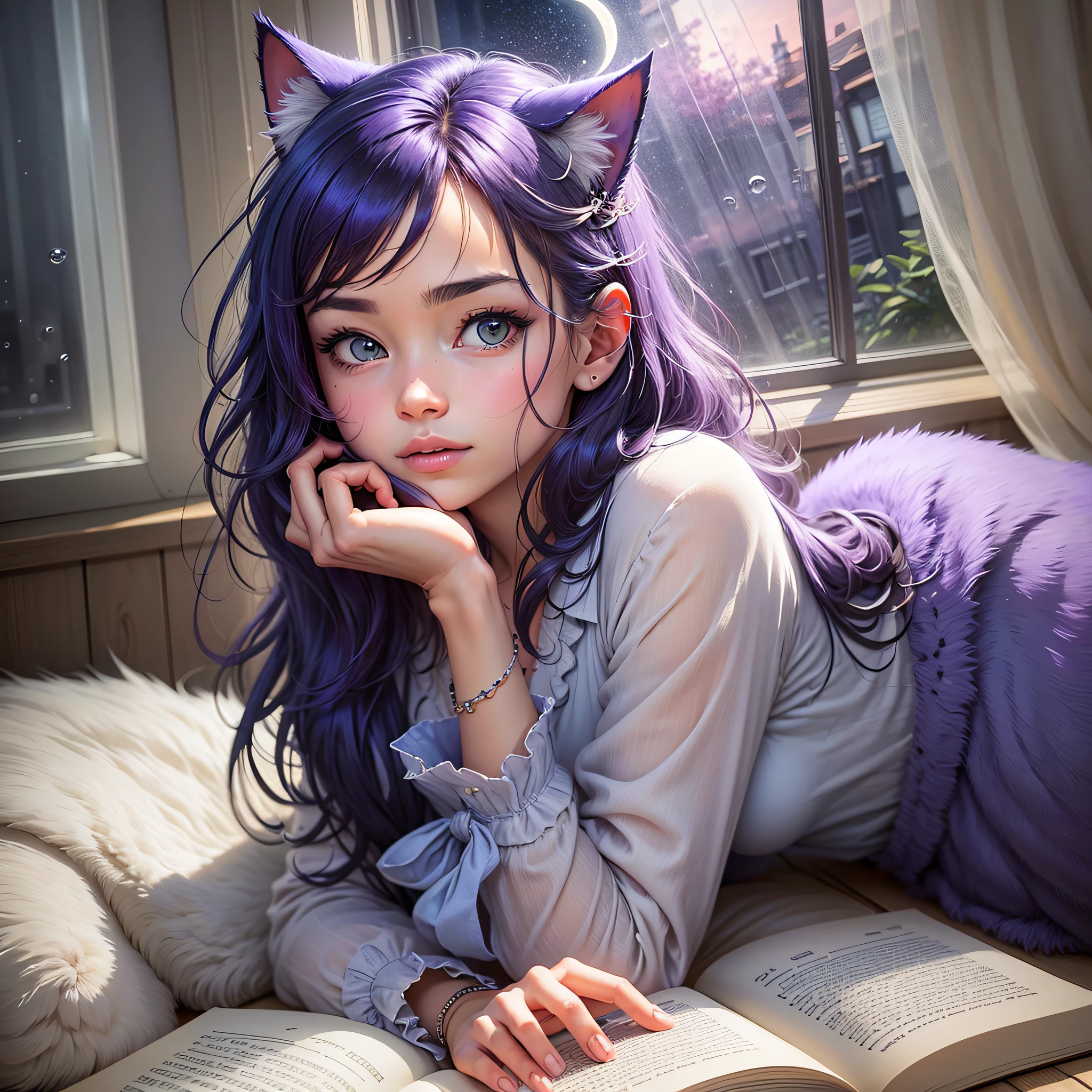 Create a captivating thumbnail image with a watermark that reflects the cozy atmosphere of your Lo-Fi channel. Start with a composition centered on the girl lying in bed, reading a book. Make sure the image highlights the tranquility and charm of the scene.
In the background, insert a window with the moon on a rainy day. Position the window at the top or side of the thumbnail image. Add small raindrops running out the window to create a sense of serenity and bring out the idea of gentle rain.
Use a soft color palette, with shades of blue and purple, to convey the relaxing and mysterious atmosphere. The moonlight should be delicate, providing a subtle glow in the scenery.
Include a cat in the thumbnail image, preferably next to the girl. Draw the cat with its tail hanging in a playful way, adding a touch of charm to the scene. Remember to keep the style and aesthetics similar to the elements described earlier.
Add a discrete watermark throughout the thumbnail image, positioning it so that it doesn't obstruct the view of key elements. It can be your channel name in an elegant font or a small logo that represents your style.
Make sure the thumbnail image is clear and attractive even at small size. Use contrast techniques to ensure that elements stand out and the watermark is legible.
After you complete the design, save the image in an appropriate format (such as PNG or JPEG) and use it as a watermark on your video thumbnails. Make sure it stays sharp and recognizable when viewed on different devices and sizes --auto --s2
