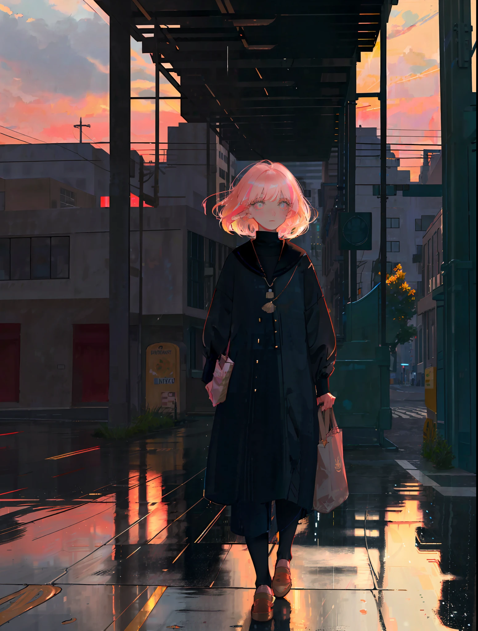 masterpiece, best quality, masterpiece, divine quality, divine art, highly detailed face, highly realistic, closeup, just face, beautiful, young, big eyes, short hair, long eyelashes, random hair color, bright eyes, make up, random skin color, rain, wet floor, reflective floor, big city street, blush, dawn, rising sun, random skycolor, random sun color, random light color,  dawn lighting, dawn lighting