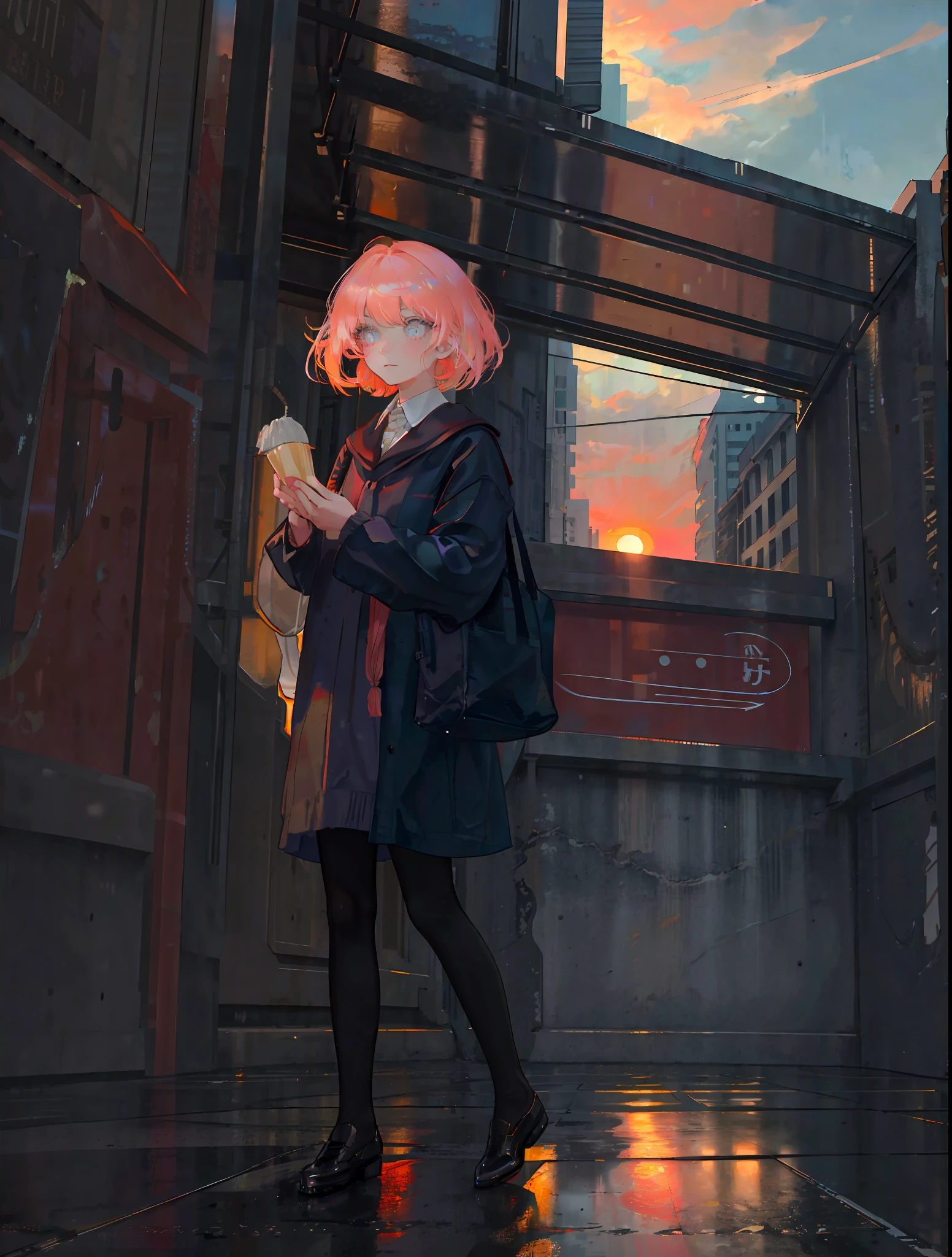masterpiece, best quality, masterpiece, divine quality, divine art, highly detailed face, highly realistic, closeup, just face, beautiful, young, big eyes, short hair, long eyelashes, random hair color, bright eyes, make up, random skin color, rain, wet floor, reflective floor, big city street, blush, dawn, rising sun, random skycolor, random sun color, random light color,  dawn lighting, dawn lighting