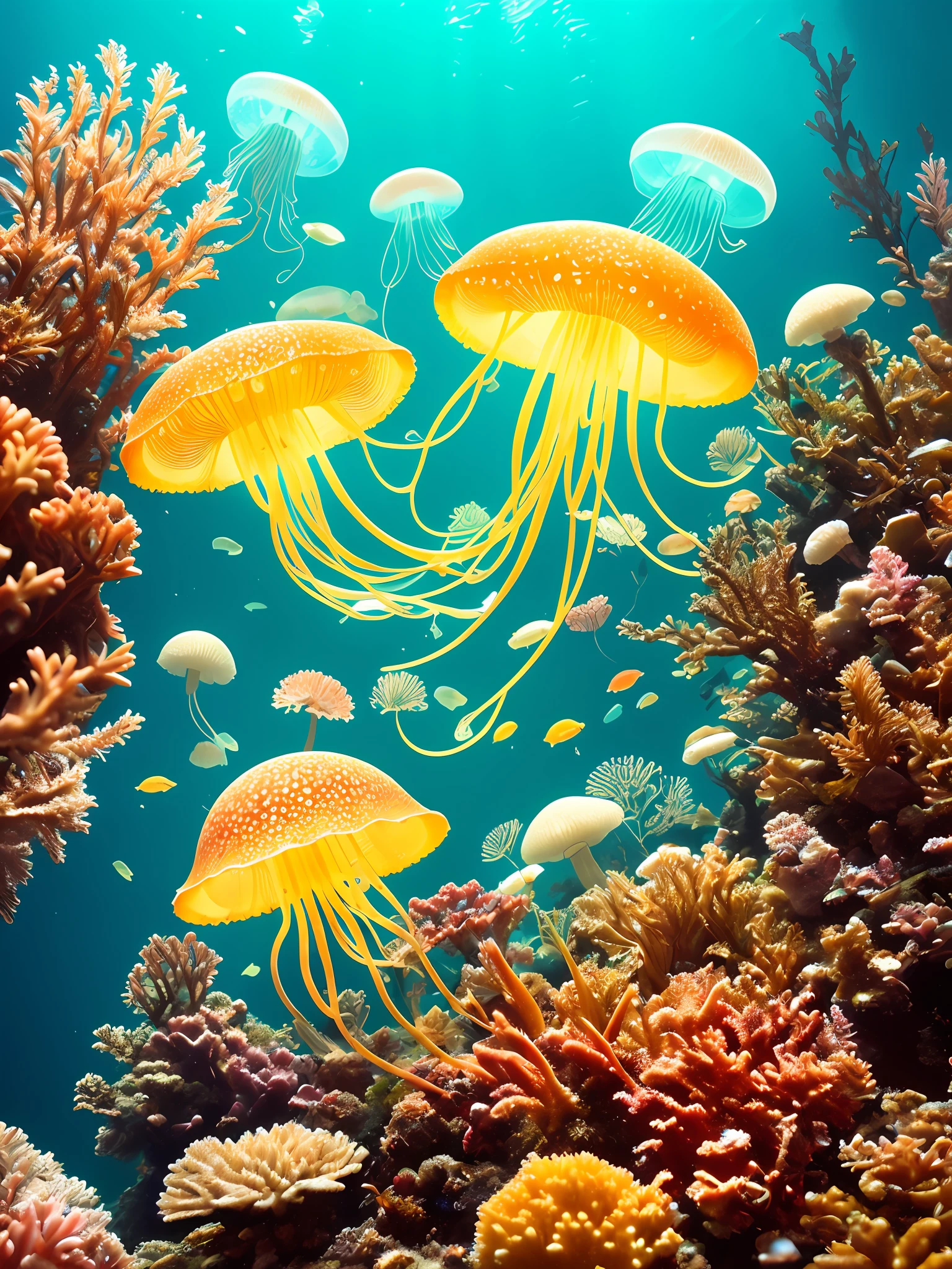 under water, intricate details, macro shot glowing jellyfish,corals, bulbs, luminance, (neutral colors:1.2), hyperdetailed, cinematic, complex background