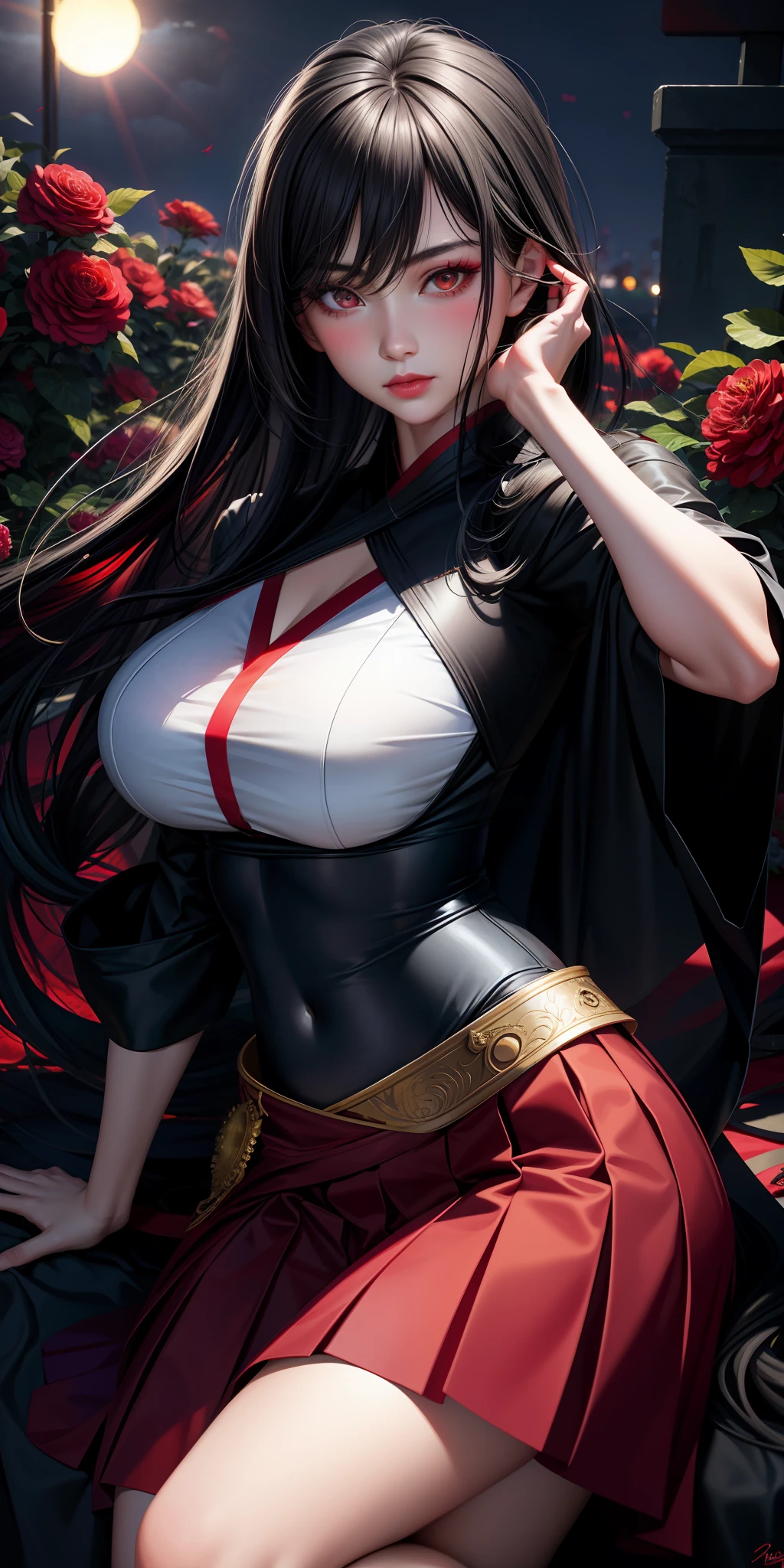 realistic, 1girl, black hair, red eyes, bright eyes, dress, oriental, skirt, lips parted, blush, night, flowers, sun, sunlight, large breasts, ninja