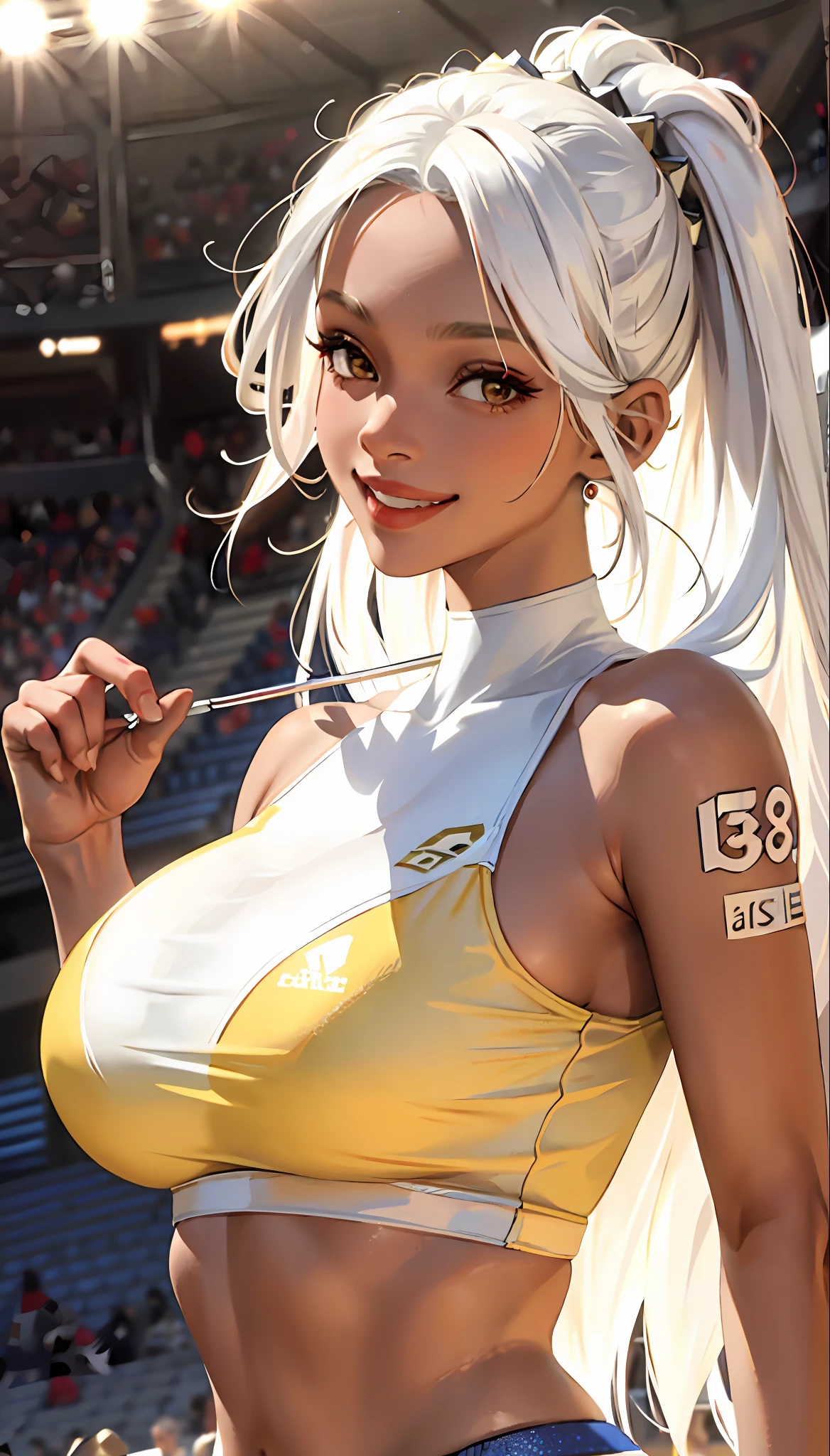 (masterpiece:1.2, best quality), (1lady, solo, upper body:1.2), clothing: jersey Accessories: hairpins, cheerleaders Hair: Long white hair Makeup: natural, glowing skin, brown skin Behavior: relaxed, carefree, free-spirited, smiling Location: Stadium, brown-yellow eyes, huge breasts,