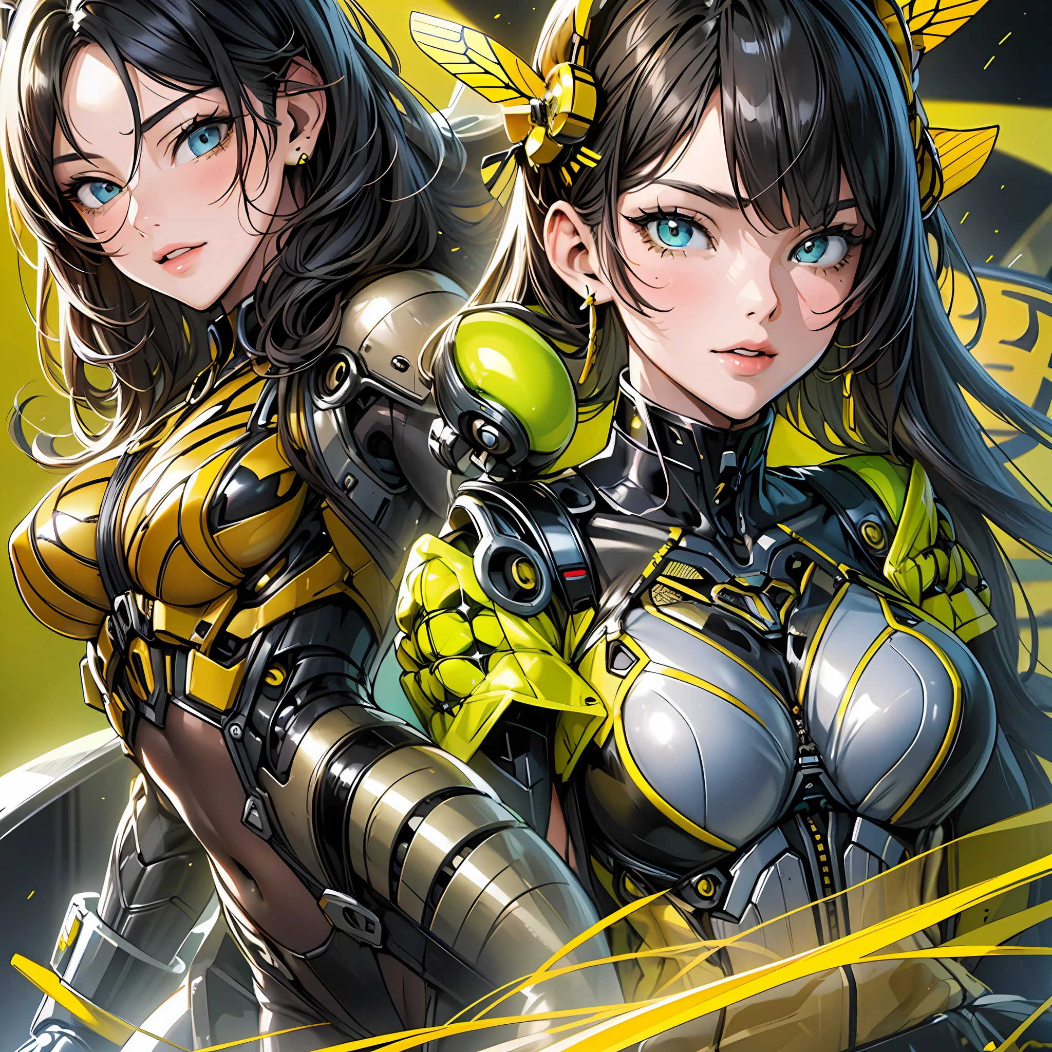Close up portrait of woman in yellow and black costume, best anime 4K wallpaper, cyberpunk bee, mechanized valkyrie girl, biomechanical, human structure bee concept art, highly detailed artgerm based on bumblebee, cyborg bee, anime style 4K, insect trainer girl, bumblebee