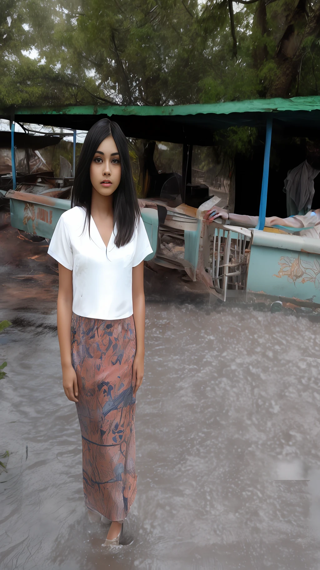 masterpiece,best quality, illustration,{beautiful detailed girl},beautiful detailed glow,(flames of war:1.2),(nuclear explosion behide:1.3),rain,detailed lighting,detailed water,(beautiful detailed eyes:1.1),expressionless,palace,azure hair,disheveled hair,long bangs,hairs between eyes,(whitegrey dress:1.1),black ribbon,white bowties,midriff,big forhead,blank stare,flower,long sleeves