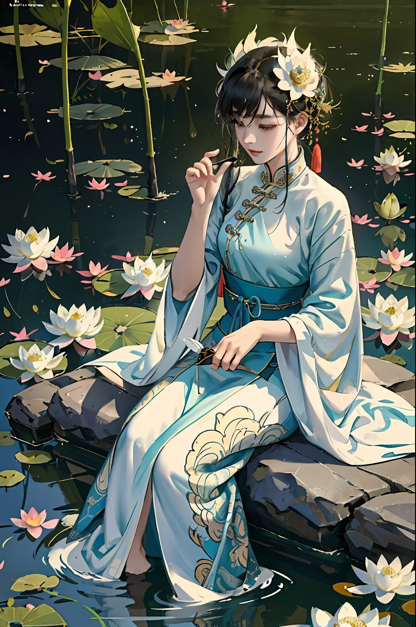 An ancient Chinese beauty sitting on a stone, wearing ancient Chinese clothing, flowing tulle, light silk, lazy posture, large lotus leaf, lotus, ink painting style, clean color, decisive cutting, blank, freehand, masterpiece, super detailed, epic composition, high quality, the highest quality, 4k --v 6