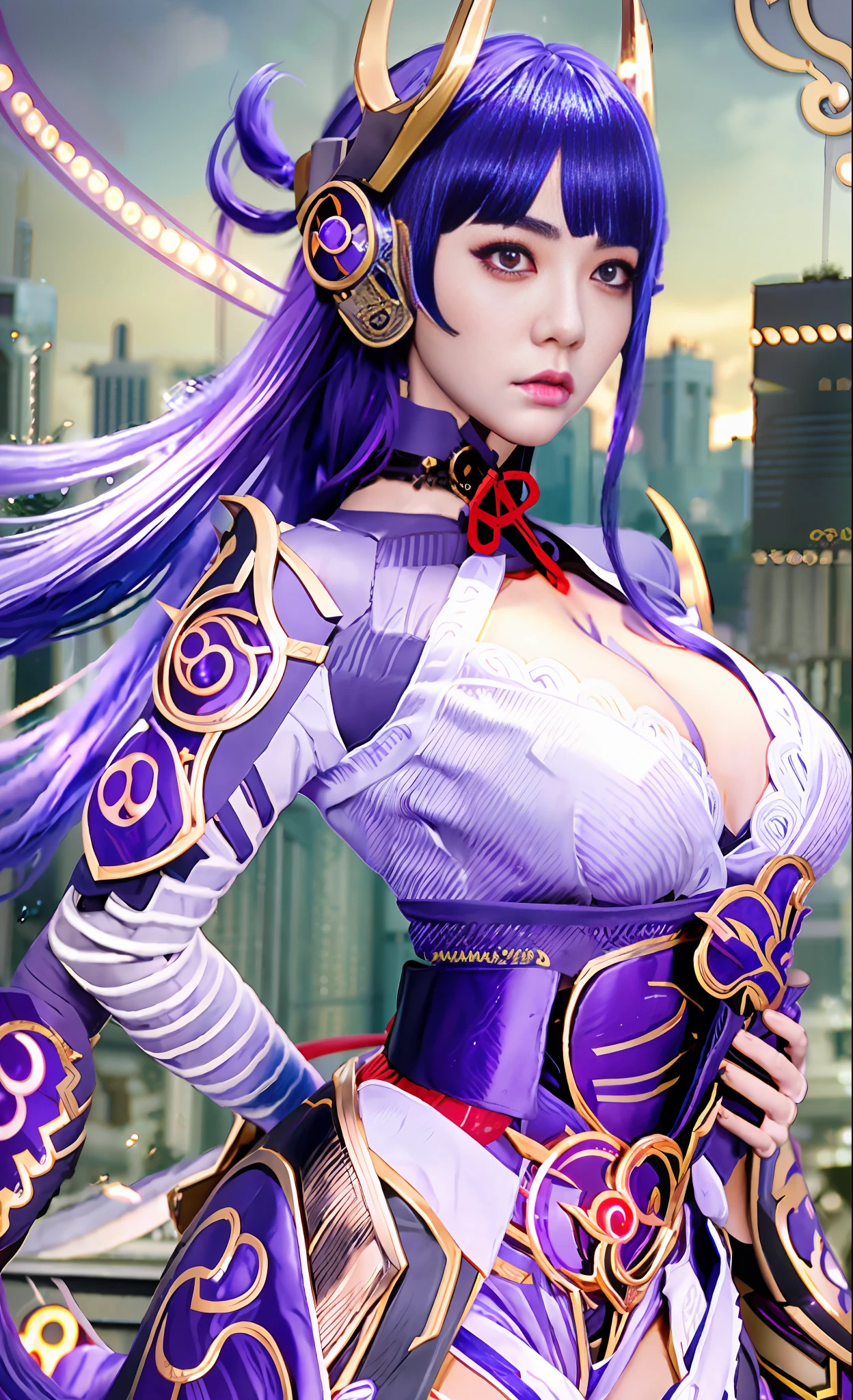 Unreal Engine 5 Realistic Render, RaidenShogun, detailed clothes, white clothes, blunt bangs, braid, (huge breasts:1.1), cleavage, wide-sleeved kimono, hair ornament, white japanese clothes, (red obi:1.4), (purple hair:1.4), very long hair, straight hair, detailed face, cool face, (smooth chin:0.85), closed mouth, long eyelashes, sharp eyes, looking at viewer, beautiful eyes, detailed eyes, thick eyebrows, red eyeshadow, symmetry eyes, (ulzzang-6500:0.7), skirt, (from below:1.1), (cyberpunk city:1.4), from side, (rooftop:1.5), (star \(sky\):1.3), photon mapping, physically-based rendering, RAW photo, highly detailed background, high res, perspective, beautiful face, top body is hyper realistic thicc muscle and hyper largest_breasts!! with the type of boobs_melons, lower is huge buttocks, wet shiny body