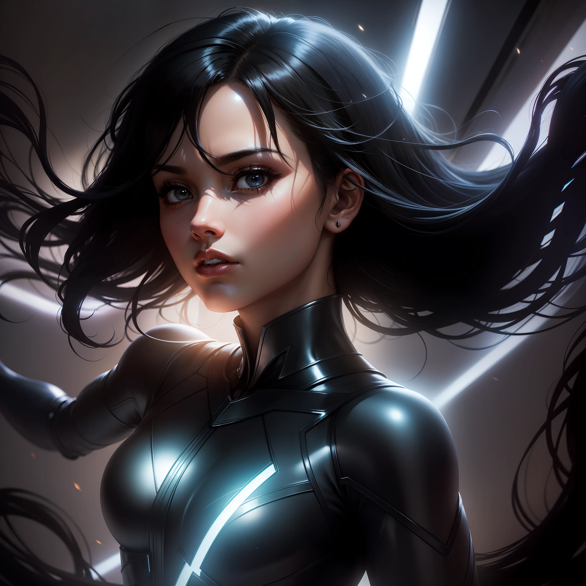 "((photo profile)), 1:1 format, female superheroine, dynamic movement, emanating magical light, deep shades of color, black hair, intense shadows.