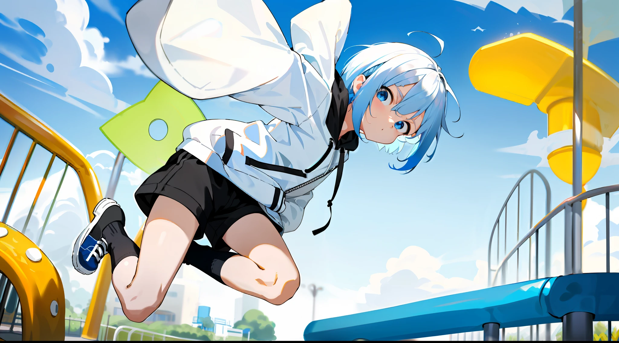 HD picture, children's youthful style, incredible absurdity, animated face look, strong and vibrant blue eyes, playground background, white Bob hairstyle 1boy, wearing slim white hoodie and black knee socks, shorts, confident and serious, jumping heel, black shoes, depth of field, hands in clothes pockets.