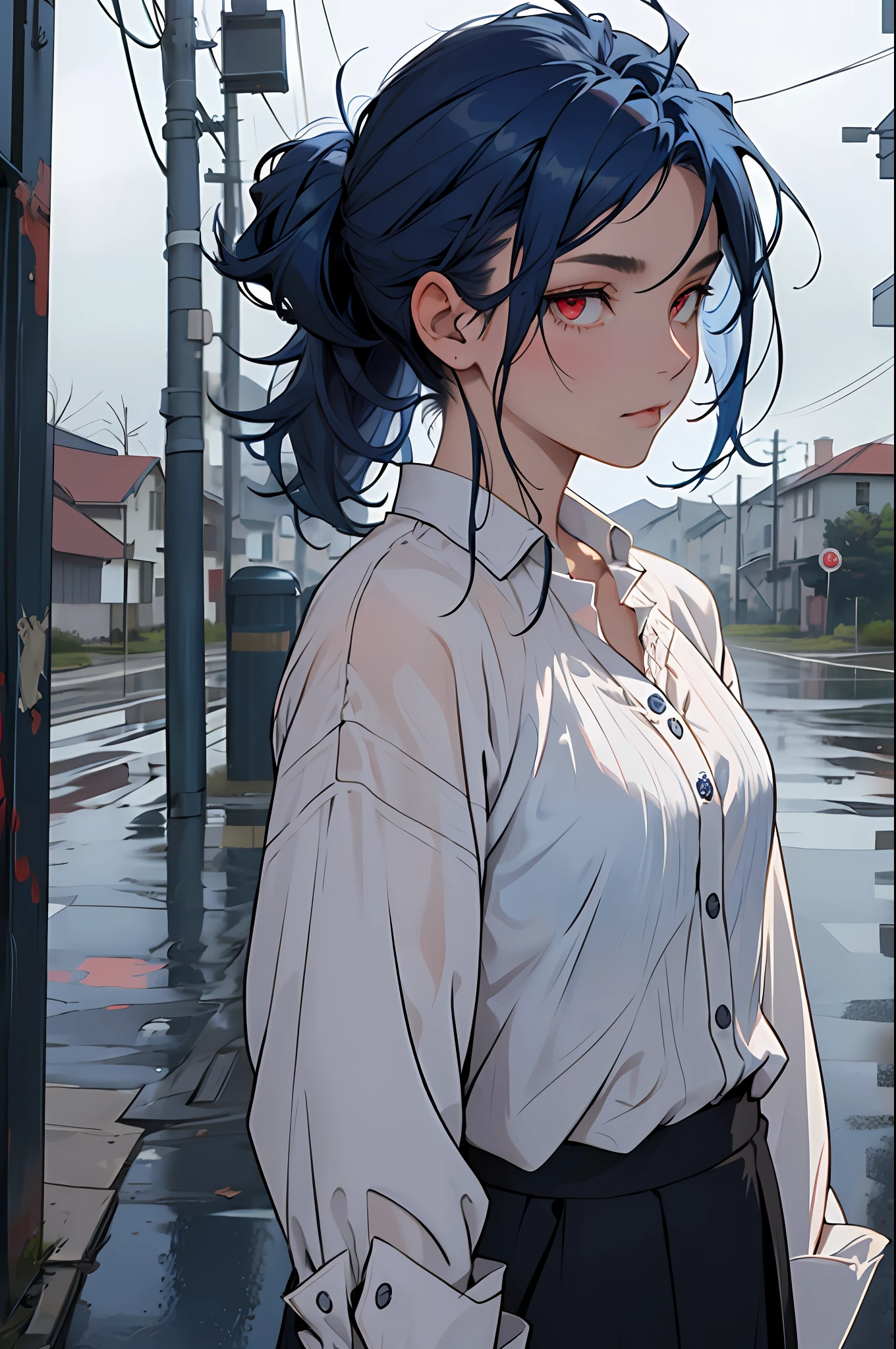 (((1girl))), ((((solo)))), ((messy hairstyle)), standing taking a picture, (((dark blue hair)), red eyes, soft blouse, overcast sky, overcast sky, fine details on face