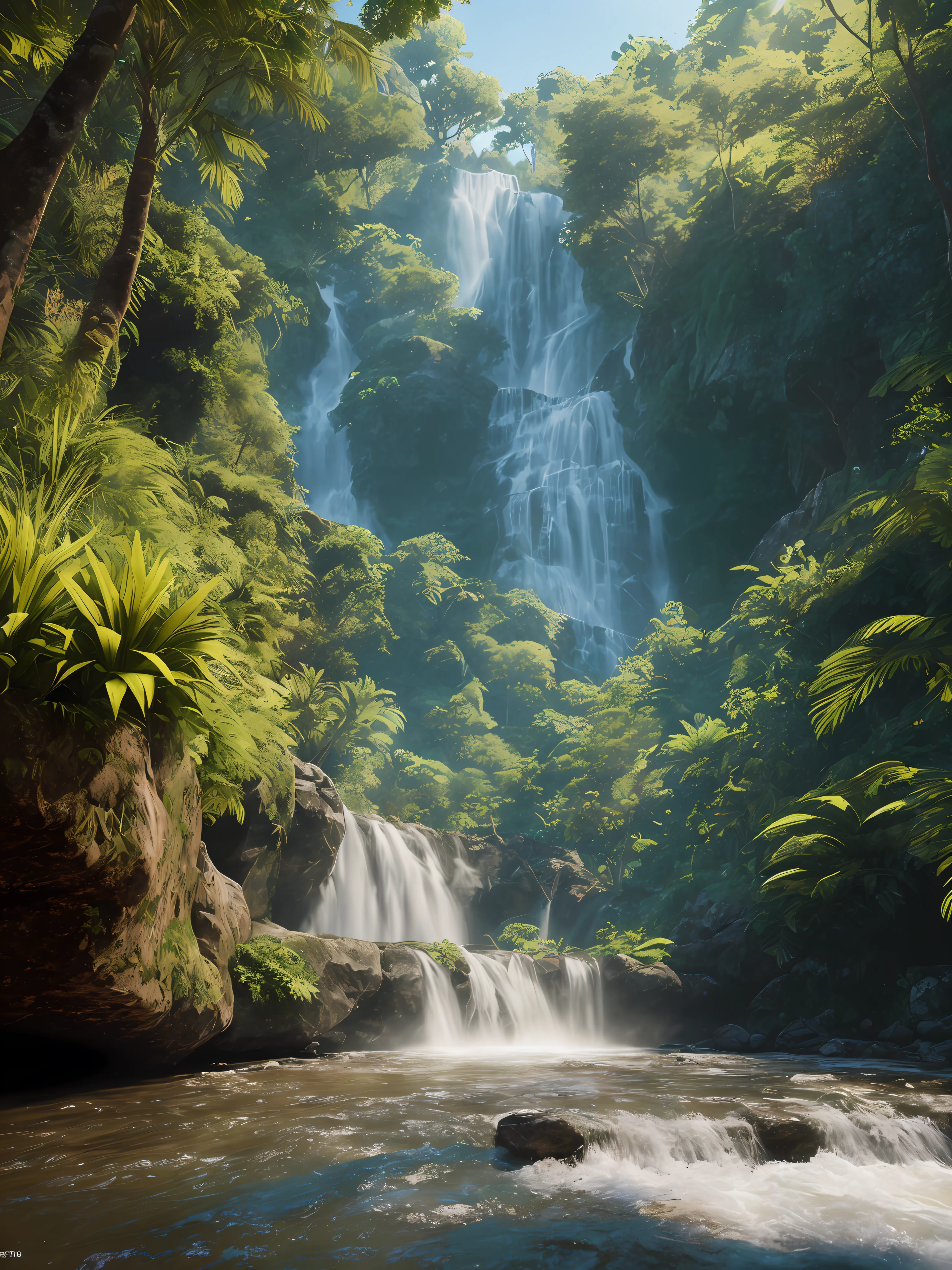 waterfall plummeting vertically down a jungle cliff into a river, cold, clear water, sunny day, giant, wet trees, RAW photo, (high detail image: 1.5), 8k uhd, reflex camera, film grain, Fujifilm, stacking on focus, extremely detailed CG wallpaper unity 8k, depth of field, HDR, photorealistic, hyper high detail, real world, global illumination, ray tracing, illustration character design concept, unreal 5, das, hyperrealistic, octa render, f/1.4, ISO 64, f16, 40 sec.