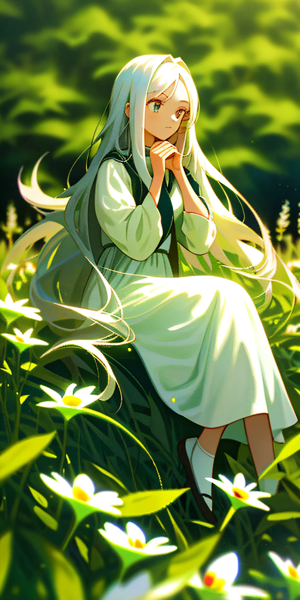 (masterpiece, best quality),1girl with long white hair sitting in a field of green plants and flowers, her hand under her chin, warm lighting, white dress, blurry foreground