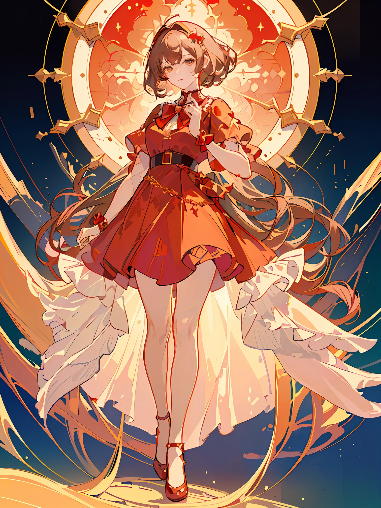 (((masterpiece))), (((best quality))), ((ultra-detailed)), (highly detailed CG illustration), ((an extremely delicate and beautiful)),(detailed,anime girl with big red bow on head talking on a golden telephone, brown curly hair,short hair, put on red dress,basic backgroud,yellow background