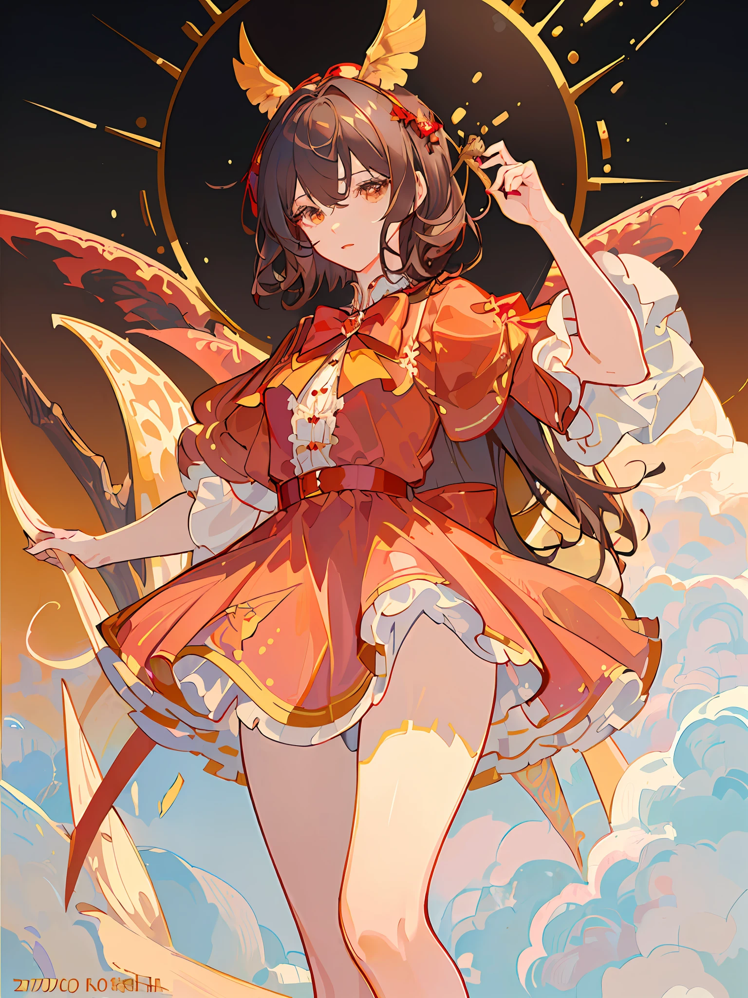 (((masterpiece))), (((best quality))), ((ultra-detailed)), (highly detailed CG illustration), ((an extremely delicate and beautiful)),(detailed,anime girl with big red bow on head talking on a golden telephone, brown curly hair,short hair, put on red dress,basic backgroud,yellow background