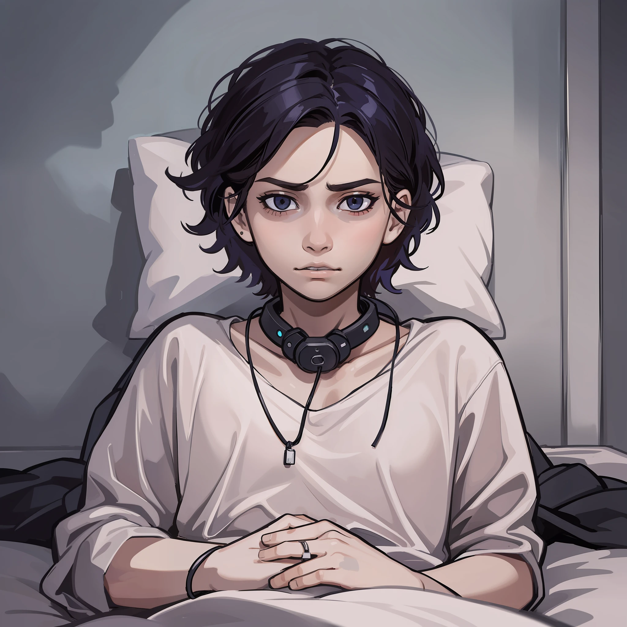 Boy, wired around his neck, lying in bed, room, cloudy, scary atmosphere, coolness, desolation, doomsday atmosphere, cold tones, dim light, flat lines