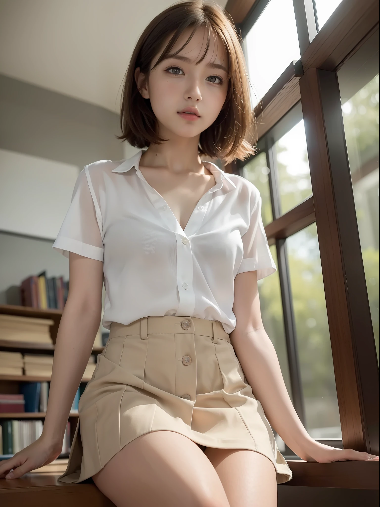 ((Best quality, 8k, Masterpiece: 1.3, raw photo)), Sharp focus: 1.2, (1 AESPA girl: 1.1), (realistic, photo-realistic:1.37), face focus, cute face, small breasts, flat chest, brunette short messy hair, sitting, white shirt, skirt, classroom, books, sunlight, cinematic lighting, from below