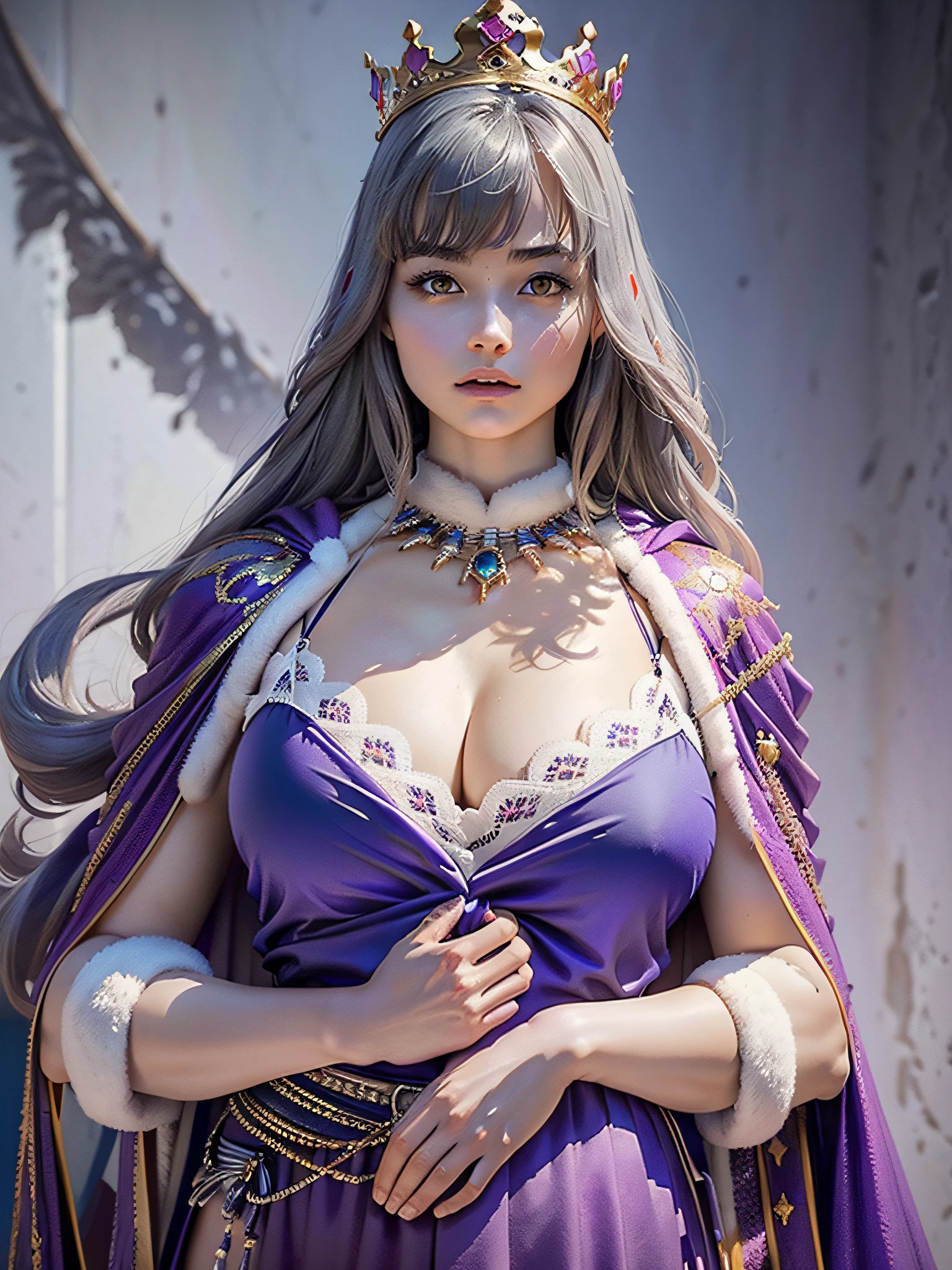 (Masterpiece, Top Quality, Best Quality, Official Art, Beautiful and Aesthetic: 1.2), Ultra-detailed complex 3D rendering of face, various poses, (((Huge breasts: 1.4)), Big cleavage, Breast hollows, Role Play BDSM, High Fantasy, Gravure, Lewdness, Big, Very Detailed, (Exposure: 1.1), Blue Micro Bikini, , Perfect Figure: 1.4, Slim Abs: 1.1, ( 1 girl), a purple cape lined with fur, abs, detailed jeweled huge crown: 2.2), a detailed luminous necklace adorned with jewels, cleavage, gray hair, white skin, strong and detailed weapons