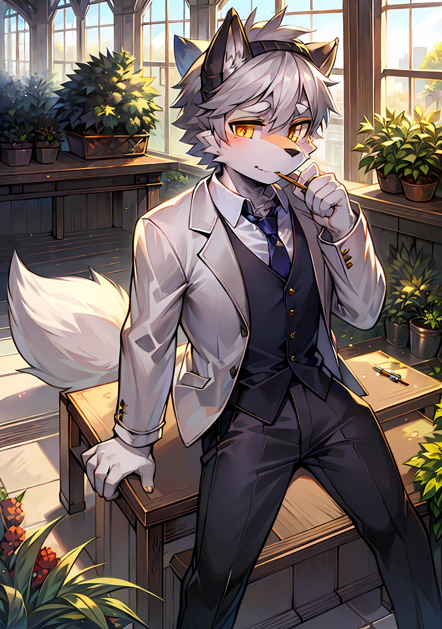 Bright eyes, panorama, character focus, solo, furry, furry male, full body fur, fluffy tail, light gray fur, golden eyes, gray hair, wolf, beanie eyebrows, white shirt, tie, greenhouse, school outfit, tear mole, pen, youth