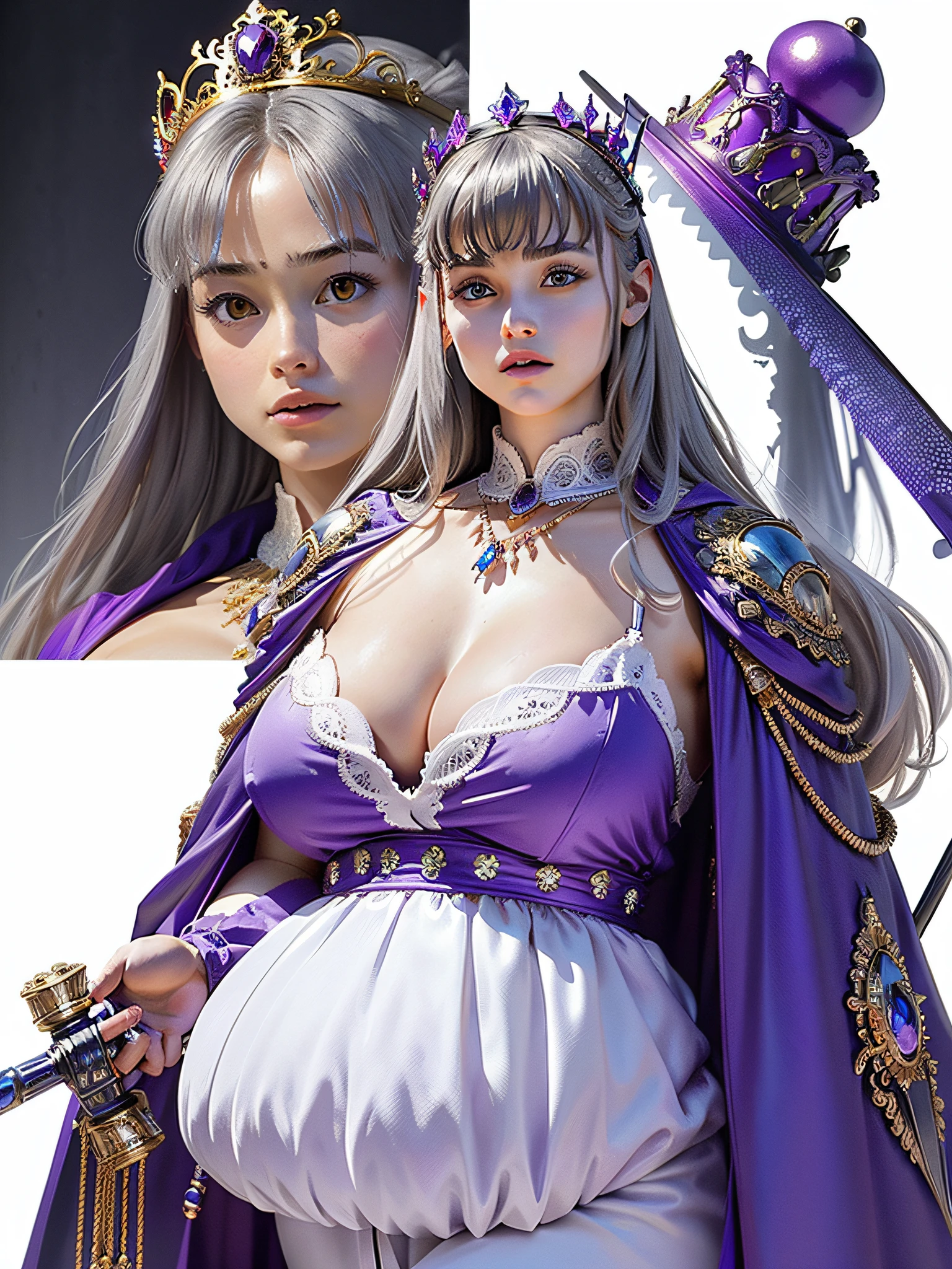 (Masterpiece, Top Quality, Best Quality, Official Art, Beautiful and Aesthetic: 1.2), Ultra-detailed complex 3D rendering of face, various poses, (((Huge breasts: 1.4)), Big cleavage, Breast hollows, Role Play BDSM, High Fantasy, Gravure, Lewdness, Big, Very Detailed, (Exposure: 1.1), Blue Micro Bikini, , Perfect Figure: 1.4, Slim Abs: 1.1, ( 1 girl), a purple cape lined with fur, abs, detailed jeweled huge crown: 2.2), a detailed luminous necklace adorned with jewels, cleavage, gray hair, white skin, strong and detailed weapons