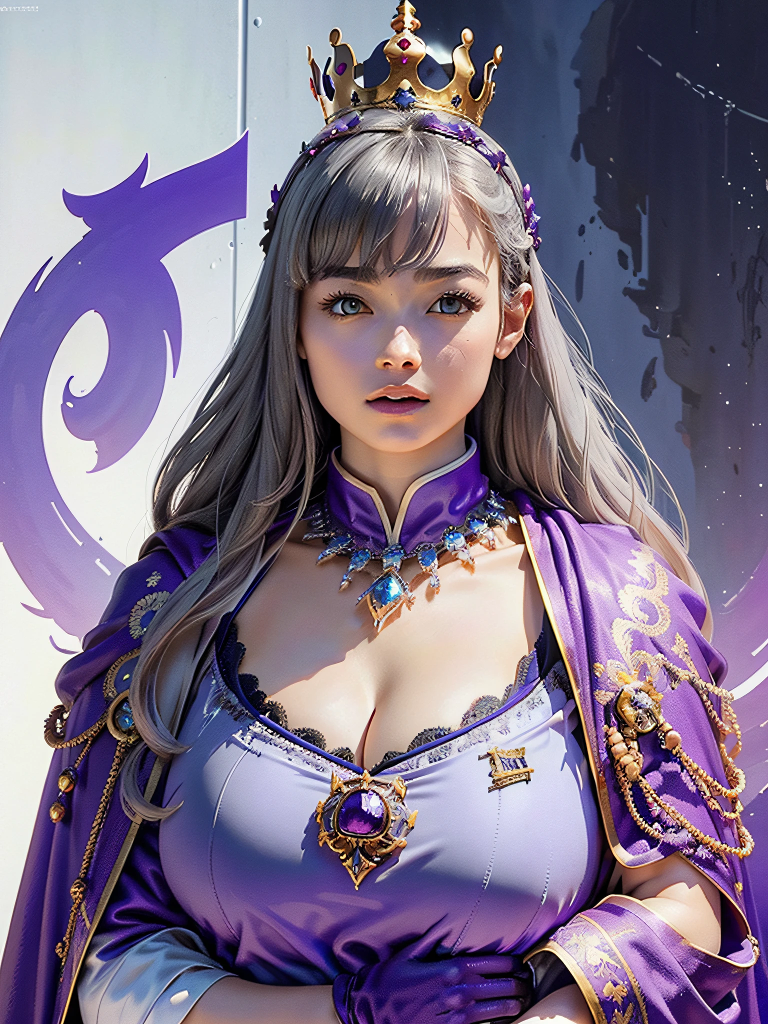 (Masterpiece, Top Quality, Best Quality, Official Art, Beautiful and Aesthetic: 1.2), Ultra-detailed complex 3D rendering of face, various poses, (((Huge breasts: 1.4)), Big cleavage, Breast hollows, Role Play BDSM, High Fantasy, Gravure, Lewdness, Big, Very Detailed, (Exposure: 1.1), Blue Micro Bikini, , Perfect Figure: 1.4, Slim Abs: 1.1, ( 1 girl), a purple cape lined with fur, abs, detailed jeweled huge crown: 2.2), a detailed luminous necklace adorned with jewels, cleavage, gray hair, white skin, strong and detailed weapons