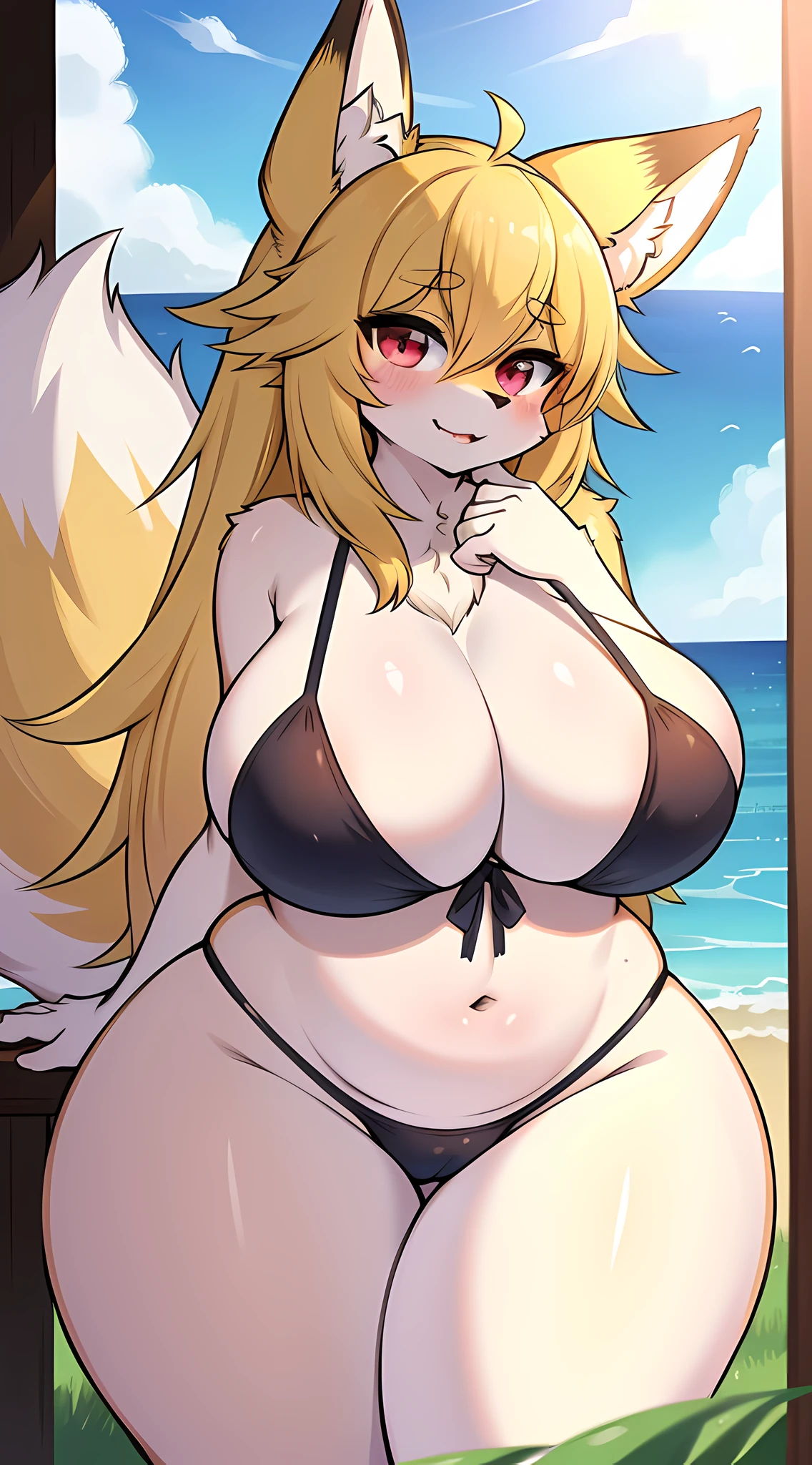 Bikini, anime style, no tail, masterpiece, uhd, ccurate, anatomically correct, super detail, high detail, best quality, 16k, 1080p, thick_thighs,big tits, big ass, high saturation, colorful, detailed manga illustration, fox girl, (furry: 1.21), fox_ears, floating hair, looking at the viewer, detailed fingers, contour deepening