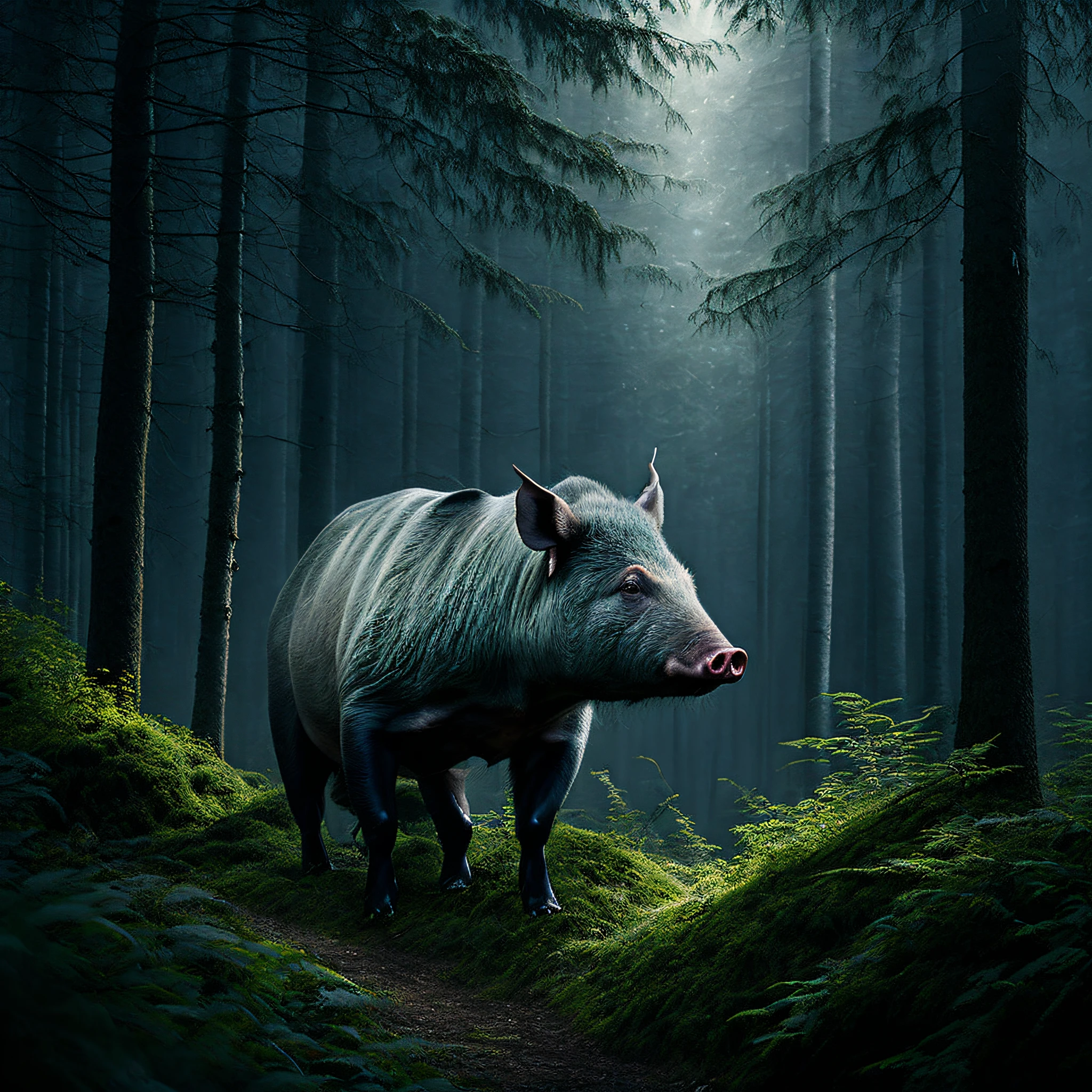 best possible quality, ultra-detailed, ultra realistic, in the forest there is a scene that shows a wild pig. The forest is shrouded in fog, it is early morning and the light is still gloomy. The pig moves through the undergrowth, a details in the fur are perfectly presented. The focus is on the pig, which is framed by the trees in the background.