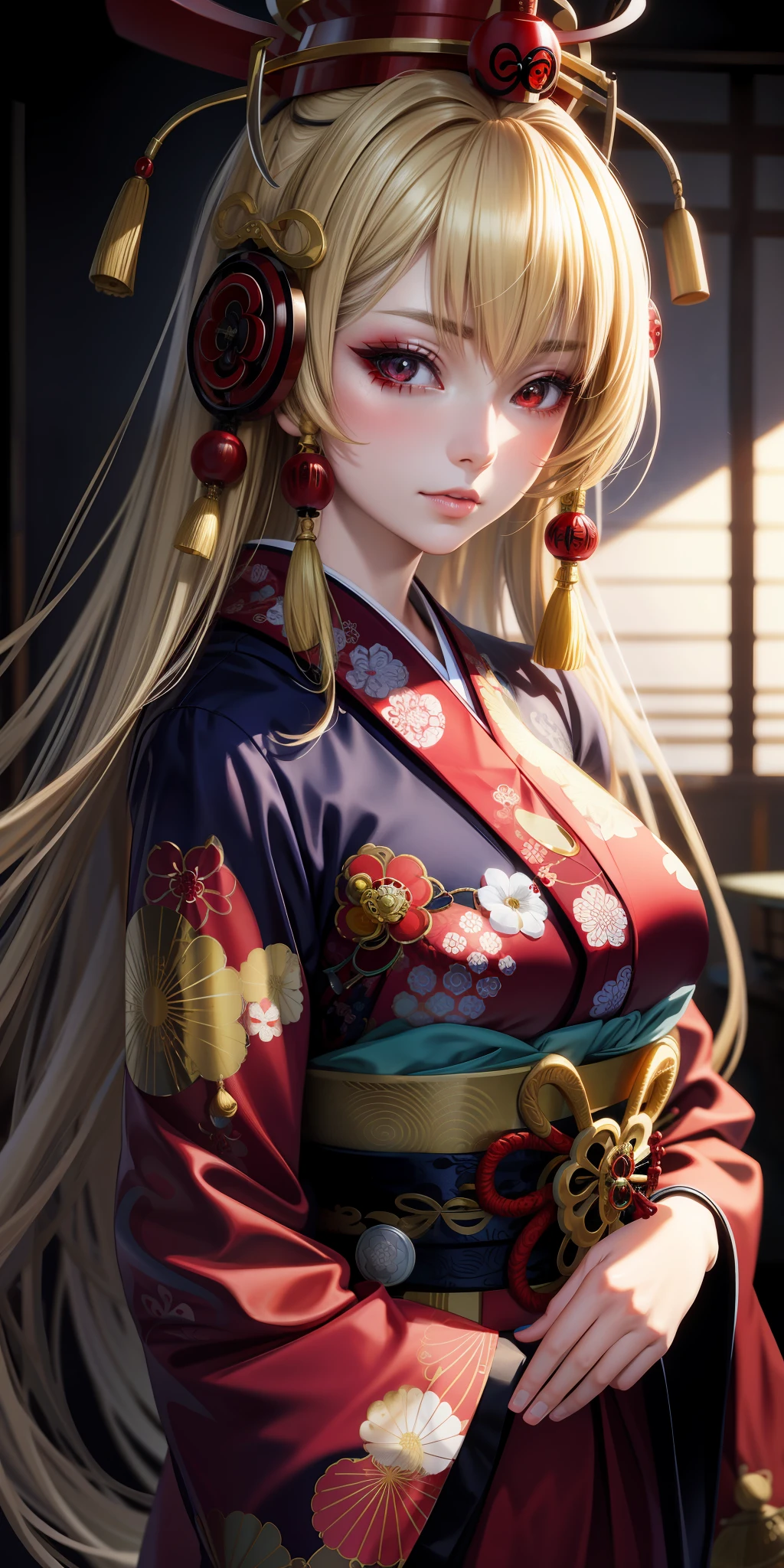 anime, girl single, blonde, red eyes, oiran kimono, high quality, realistic, realistic