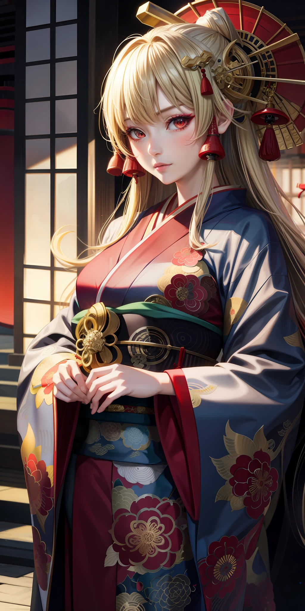 anime, girl single, blonde, red eyes, oiran kimono, high quality, realistic, realistic